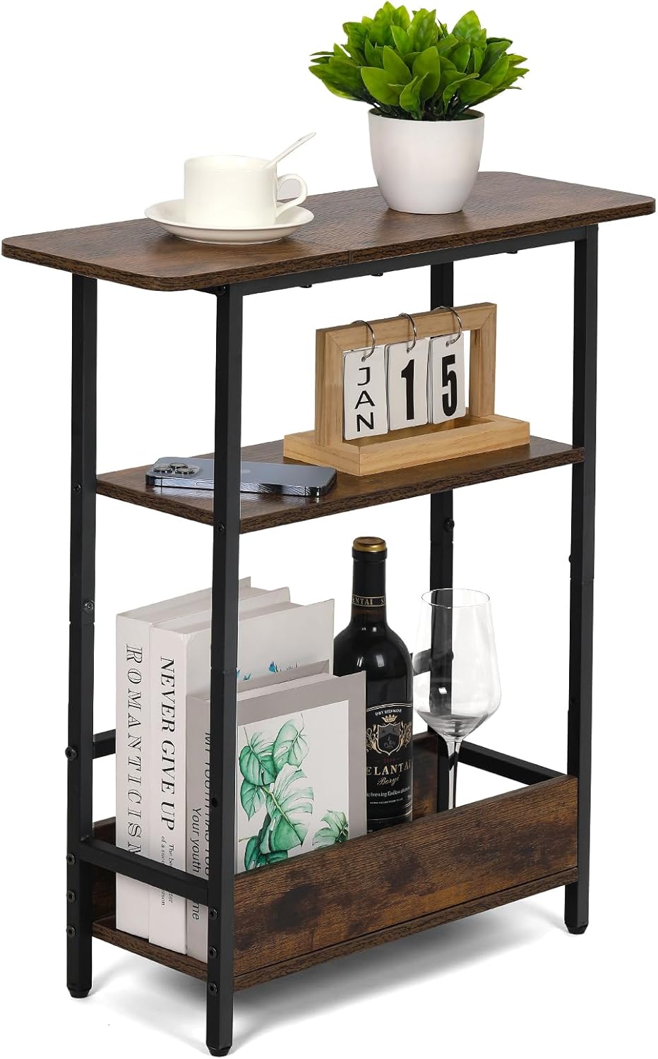 Narrow Side Table for Small Spaces, 3-Tier Small End Table with Storage Shelf and Magazine Holder, Slim and Skinny Nightstand for Bedroom, Living Room Sofa Table for Space Saving, Brown