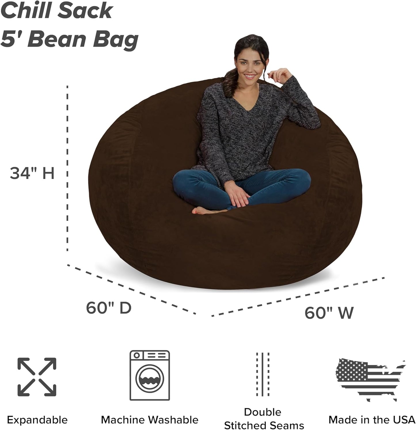 Chill Sack Bean Bag Chair: Giant 5' Memory Foam Furniture Bean Bag - Big Sofa with Soft Micro Fiber Cover - Ultrafur Brown