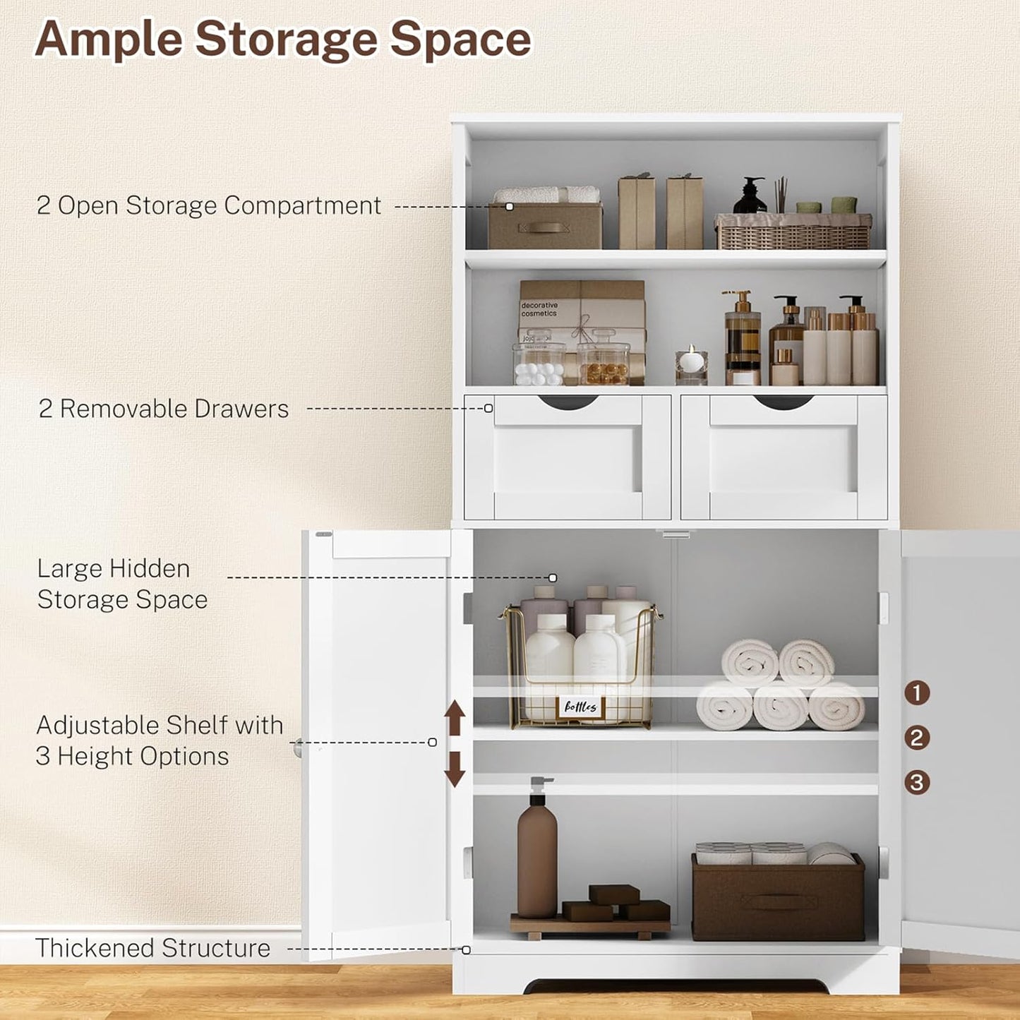 Iwell Tall Bathroom Cabinet, Storage Cabinet with 2 Drawers & Adjustable Shelves, Bathroom Storage Cabinet for Living Room, Dining Room, Entryway, White
