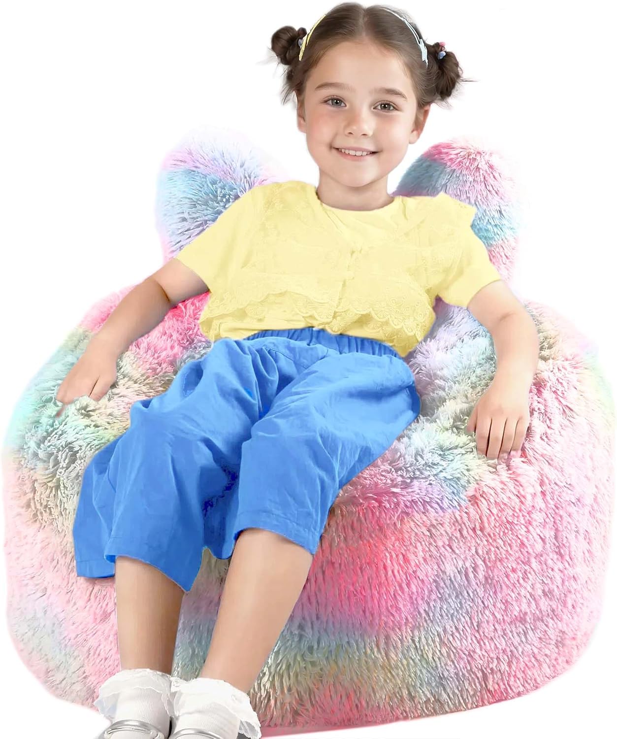 Bean Bag Chair for Kids with Plush Faux Fur Cover, 2.5FT Memory Foam Filled Bean Bag for Teens & Kids, Lazy Sofa for Living Room/Bedroom/Dorm, Rabbit-Ears Design