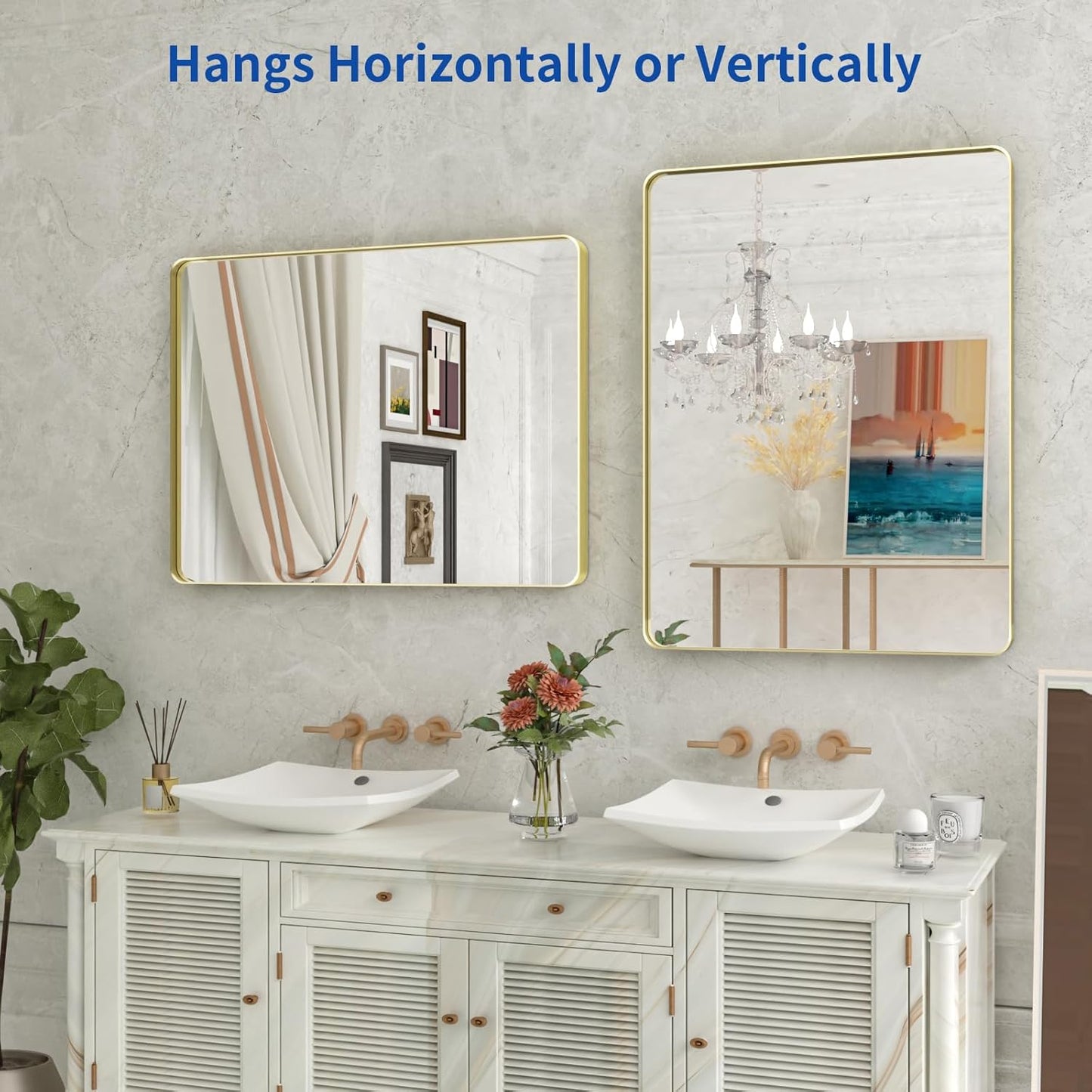 WEER Gold Bathroom Mirror, 24X32 Inch Brushed Gold Metal Frame Mirror, Rounded Rectangle Gold Bathroom Vanity Mirror for Wall, Tempered Glass, Anti-Rust, Hangs Horizontally or Vertically