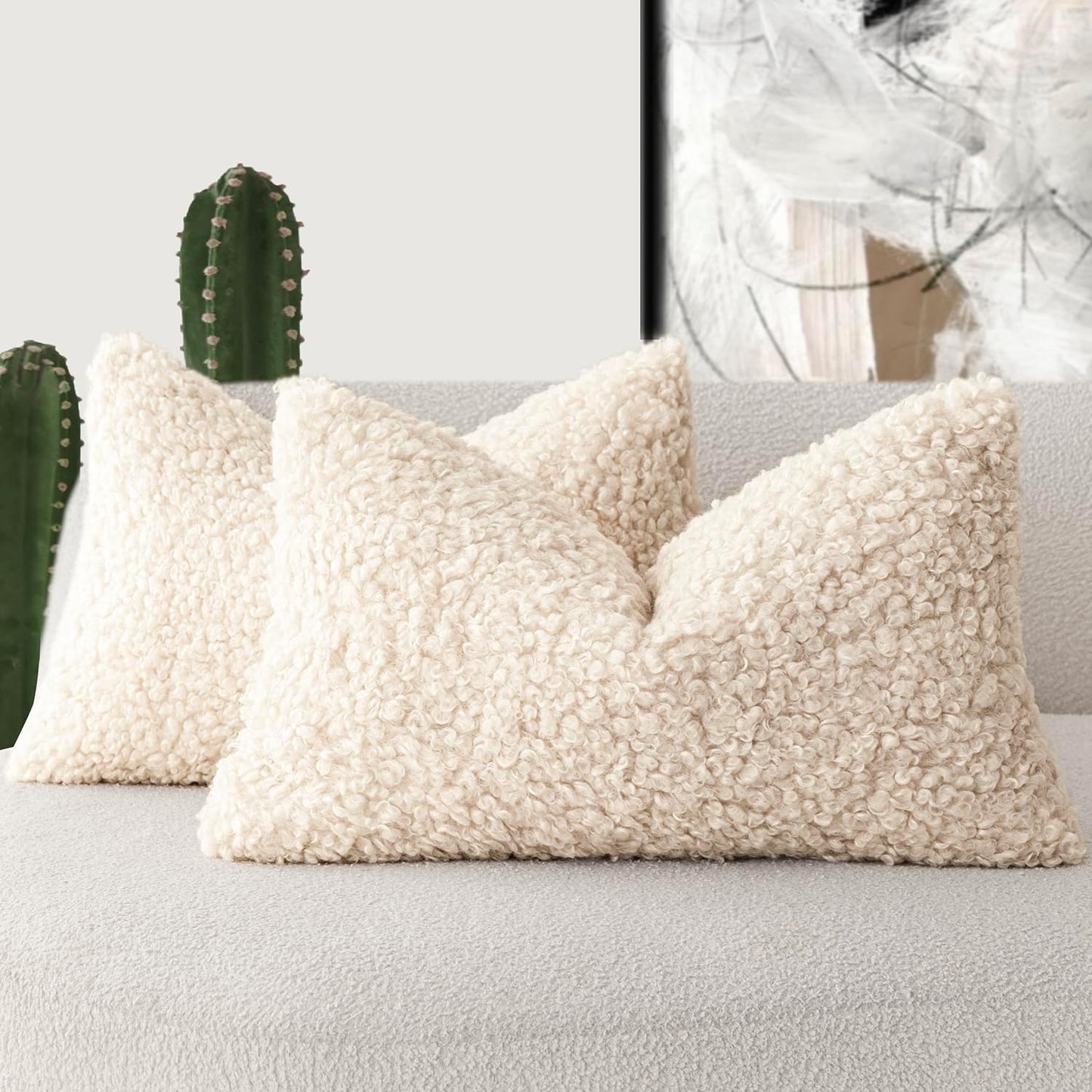 Foindtower Set of 2 Curly Teddy Wool Pillow Covers Decorative Boucle Textured Lumbar Throw Pillow Faux Fur Sherpa Pillowcases Sheepskin Fuzzy Cushion Case for Sofa Bedroom Car 12"x20" Cream Beige
