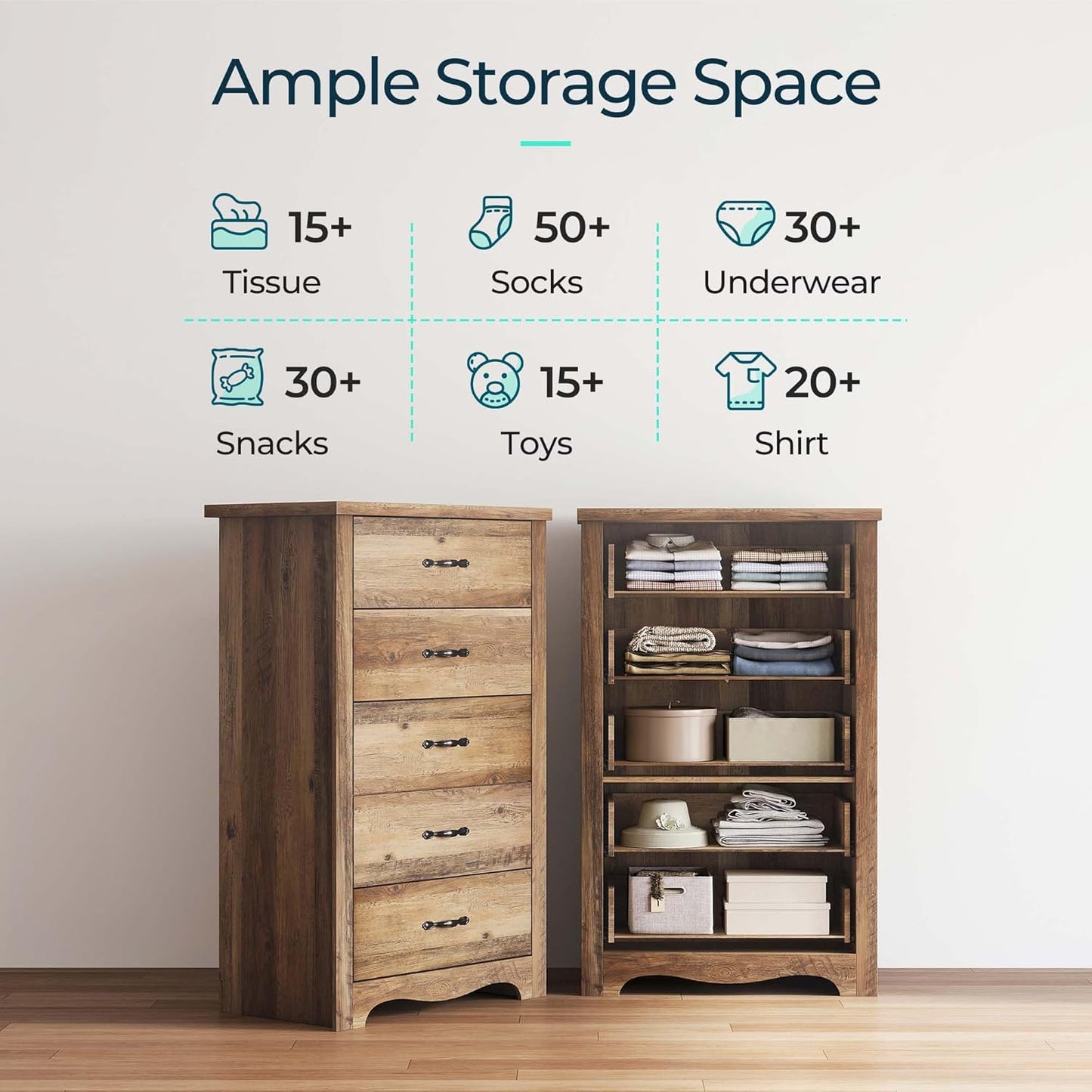 LINSY HOME 5 Drawers Dresser for Bedroom, Wood Bedroom Dresser Modern Drawer Chest, 5 Chest of Drawer, Tall Dresser for Closet, Dressers Organizer for Living Room, Closet, Hallway, Nursery