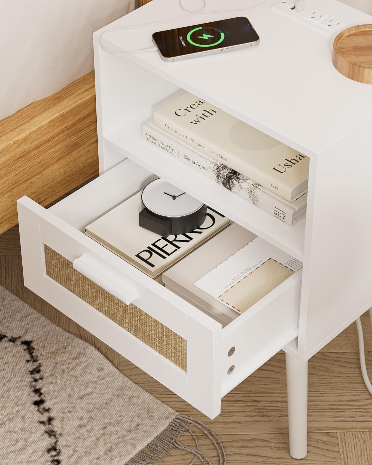 Bedroom Nightstands Wooden Night Stands with Rattan Weaving Drawer Home Bedside End Table for Bedroom Storage (Modern-White)