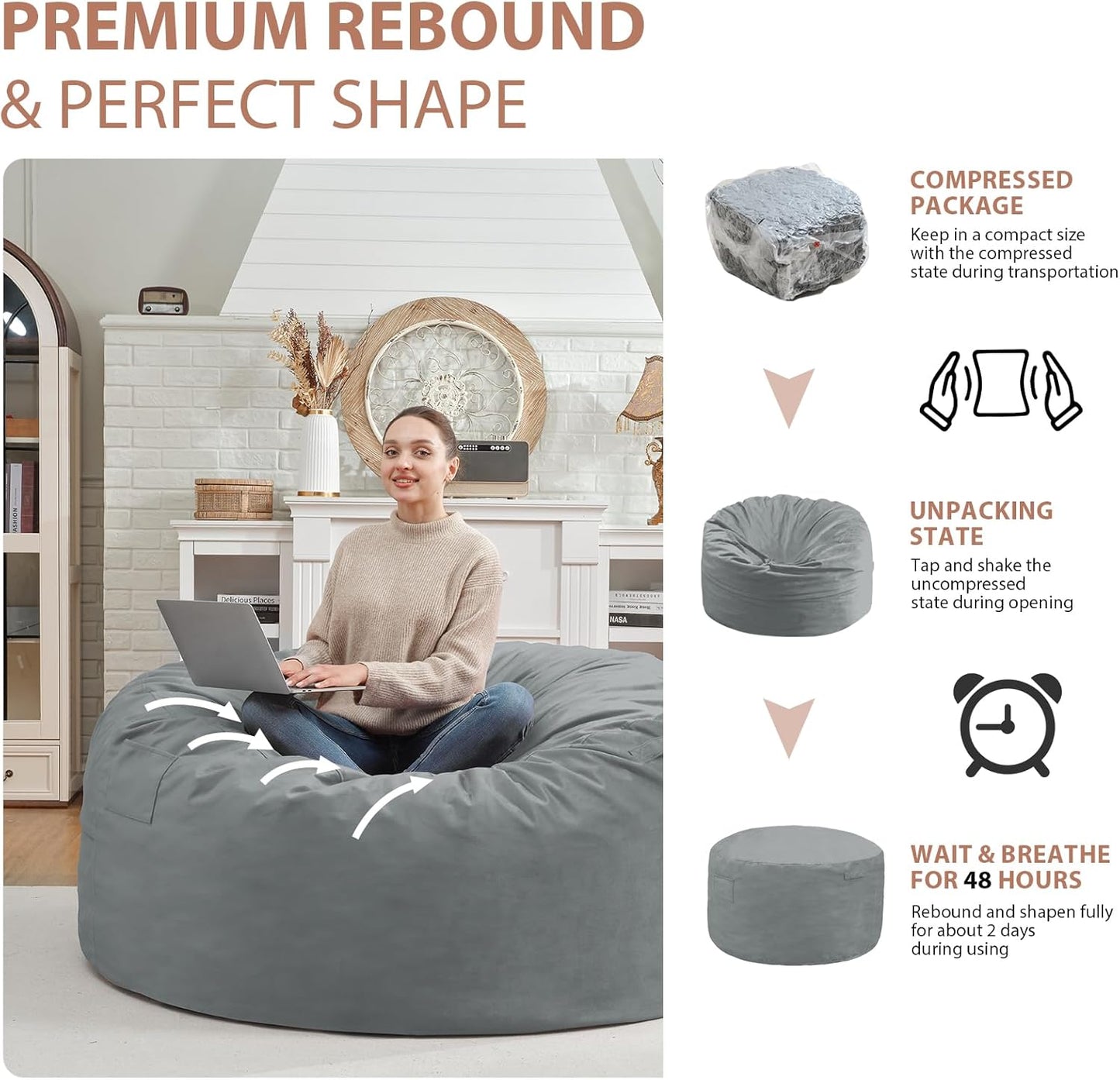 3FT Bean Bag Chair, Comfy Bean Bag Chairs with Memory Foam Filled, Fluffy Beanbag Sofa with Dutch Velvet Cover, Round BeanBag Chairs for Living Room, Playroom - Light Grey