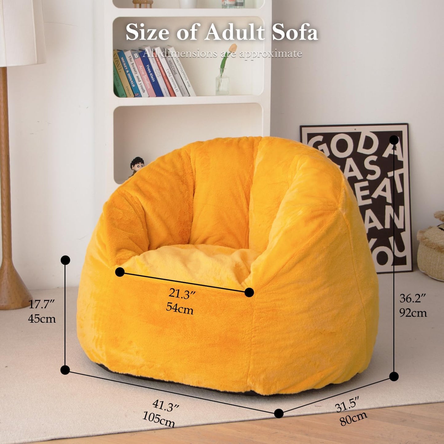 N&V Large Shell Bean Bag Chair, Adult Size Bean Bag Sack, Foam Filling, Includes Removable and Machine Washable Cover, 40in, Soft Faux Fur, Yellow