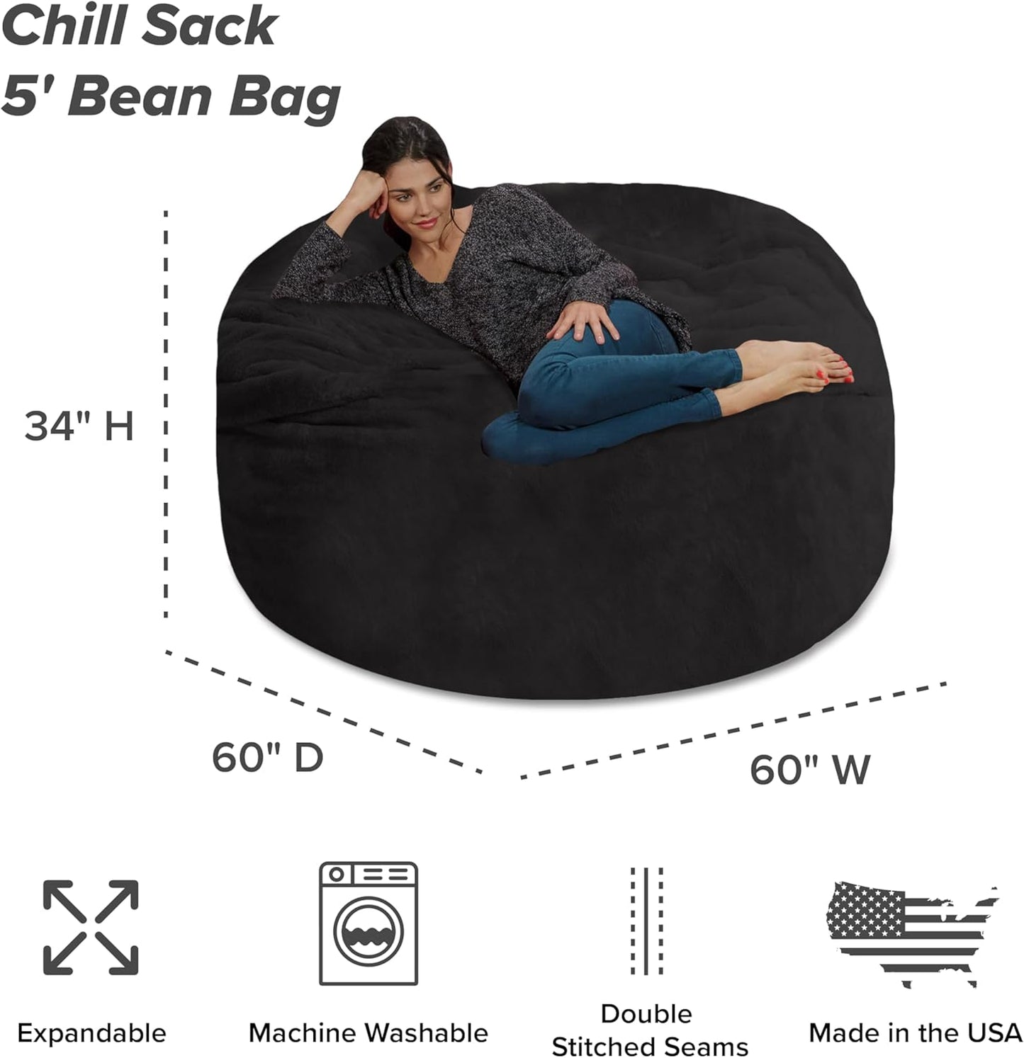 Chill Sack Bean Bag Chair - 5' Giant Memory Foam Lounge Chair with Soft Microfiber Cover – Cozy Furniture for Living Room, Dorm, & Kids' Rooms – Comfortable 5 Ft, Faux Rabbit Fur Lounge Sofa, Black