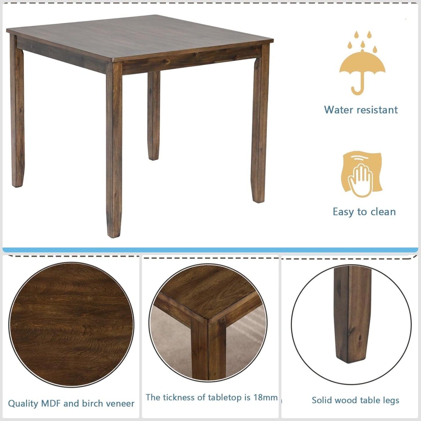 Dining Table for 4, Wooden Square Kitchen Table with Natural Woodgrain Finish, 34.5" MDF Modern Dining Table with Solid Wood Tapered Legs and Rounded Corners, Easy Assembly, Walnut