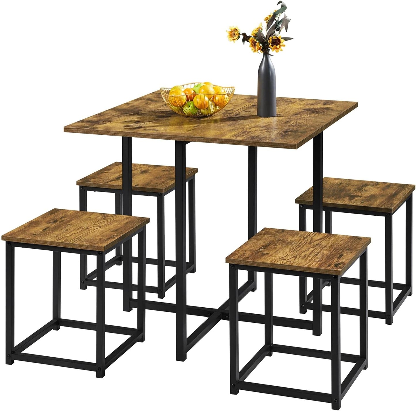 Yaheetech Industrial Dining Table Set for 4 Compact Kitchen Table and 4 Stools Space Saving Home Furniture for Small Space, Rustic Brown