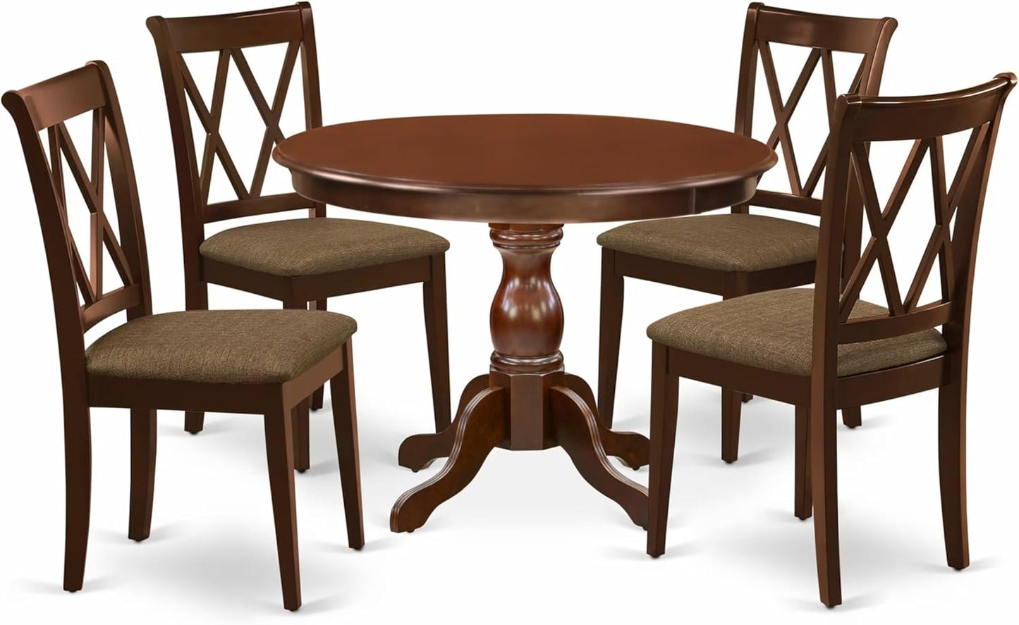 East West Furniture HBCL5-MAH-C 5 Piece Dining Room Table Set Includes a Round Kitchen Table with Pedestal and 4 Linen Fabric Upholstered Dining Chairs, 42x42 Inch, Mahogany