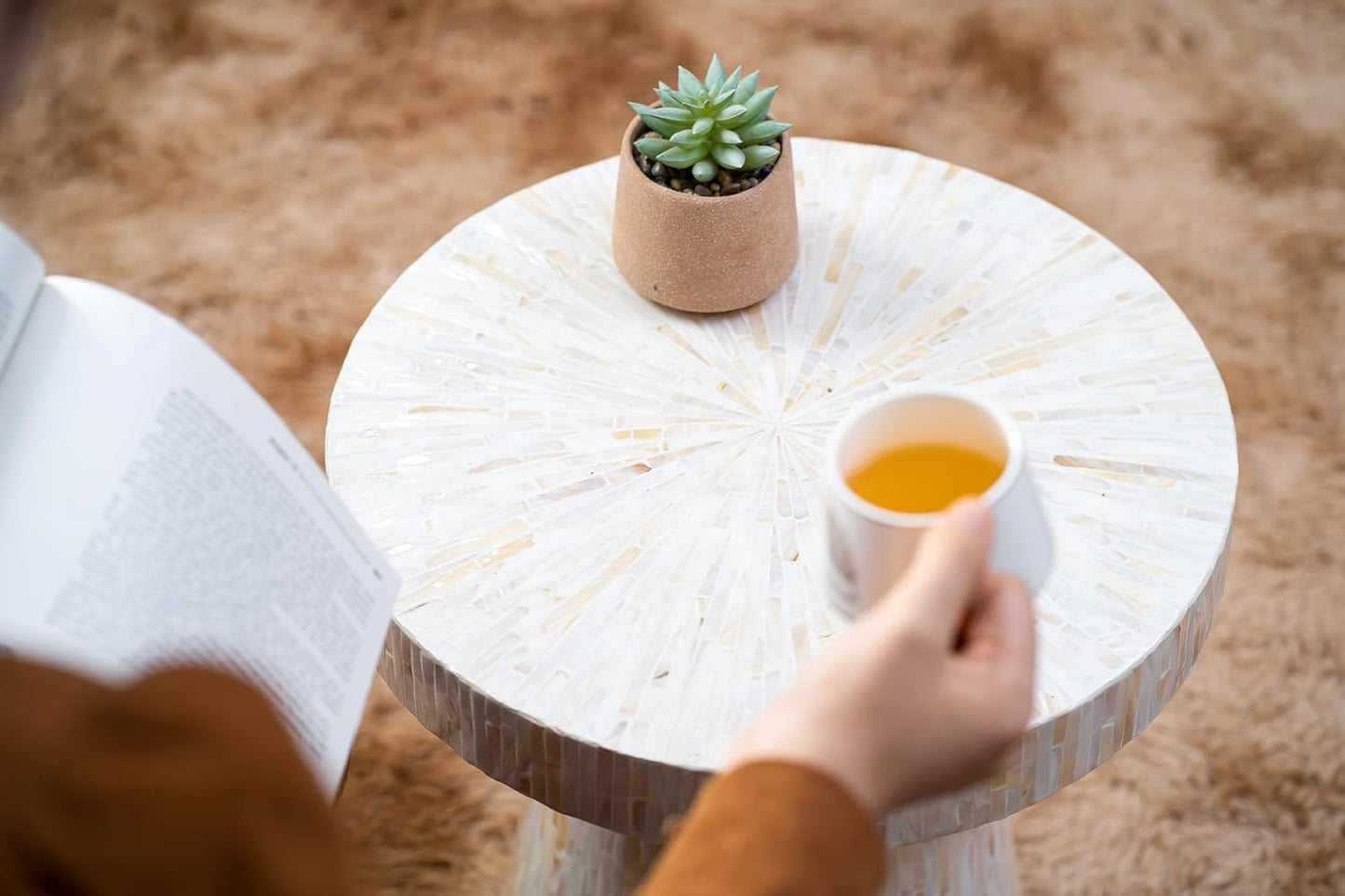 PEMAR Mother of Pearl Pedestal Side Table Modern Mushroom Minimalist Drink Accent End Table for Small Space, Bedside for Bedroom, Living Room, Hallway (White & Cream Sunlight)