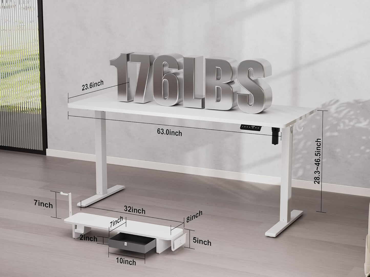 63x24 Inches Electric Standing Desk with Drawer and Monitor Stand, Height Adjustable Sit to Stand up Desk for Home Office, Ergonomic Computer Table with Phone Holder, 3 Hooks, White
