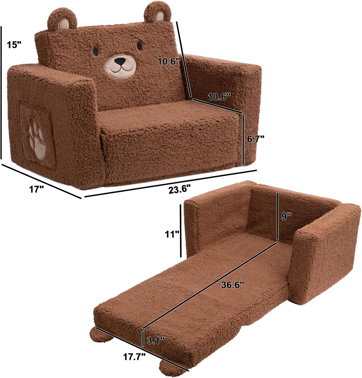 ALIMORDEN 2-in-1 Flip Out Cuddly Sherpa Toddler Couch, Convertible Sofa to Lounger, Bear