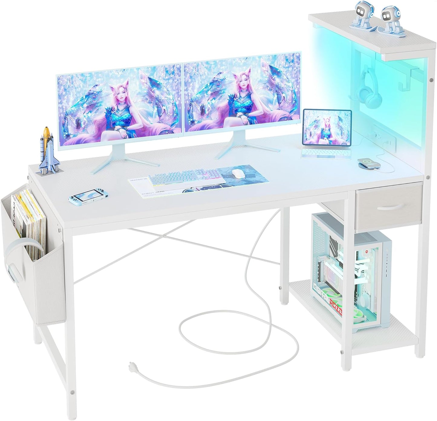 TIQLAB Gaming Desk 55 inch with Power Outlet and LED Light, Computer Desk with Reversible Shelves and Storage Drawer, Small PC Desk for Home Office Table with Bag, Carbon Fiber White