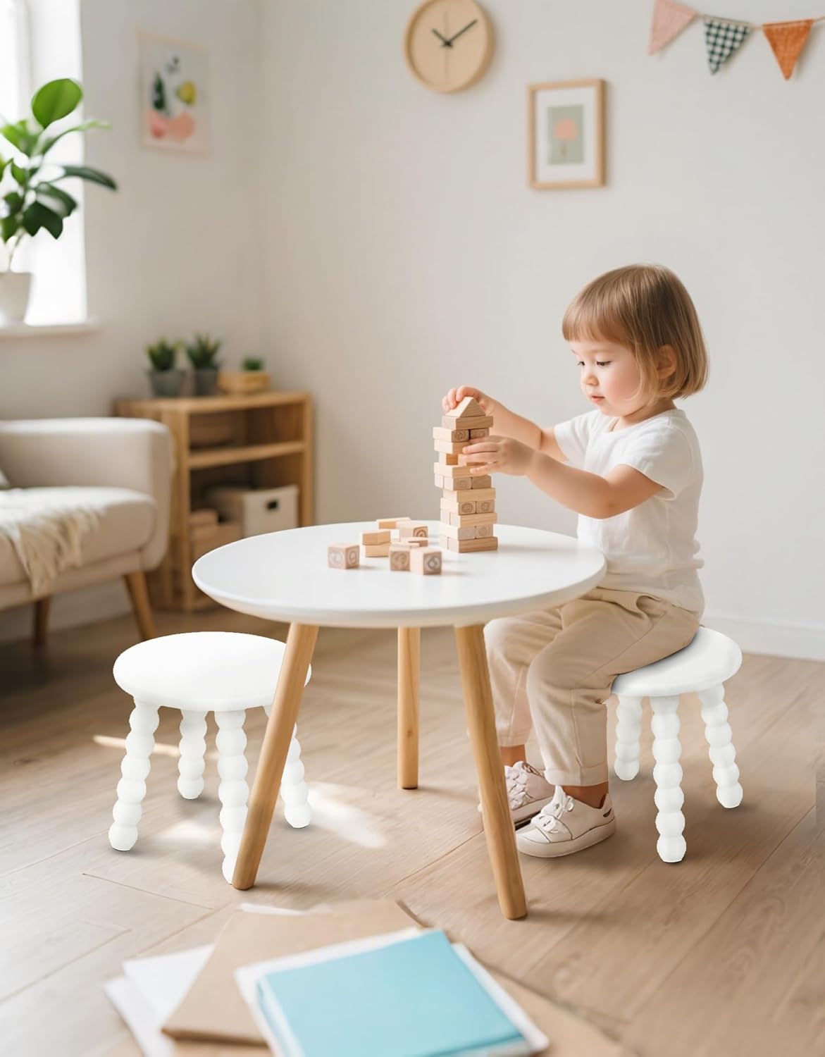 Masupu Solid Wooden Step Stool for Adults Kids, 11 inch Small Foot Stool, Non-Slip One Step Stool, Sturdy Foot Stool for Bathroom, Bedroom, Kichen, Plant Stand(White)