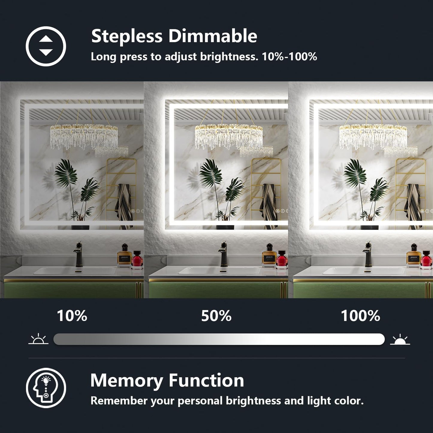 72x40 Inch LED Bathroom Mirror with Lights Front and Backlit Lighted Vanity Mirror for Bathroom Wall with 3 Colors Dimmable Anti-Fog Memory Shatter-Proof IP54 Waterproof Horizontal/Vertical