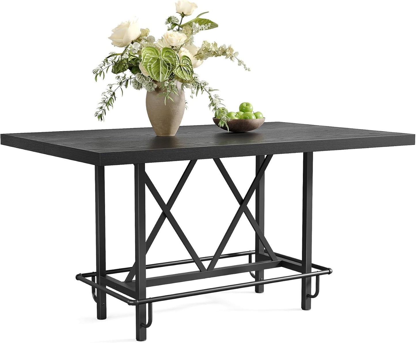 LITTLE TREE 63-Inch Industrial Bar Table with Metal Footrest, Counter Height Pub Table for Kitchen, Home Bar & Entertaining (Black)