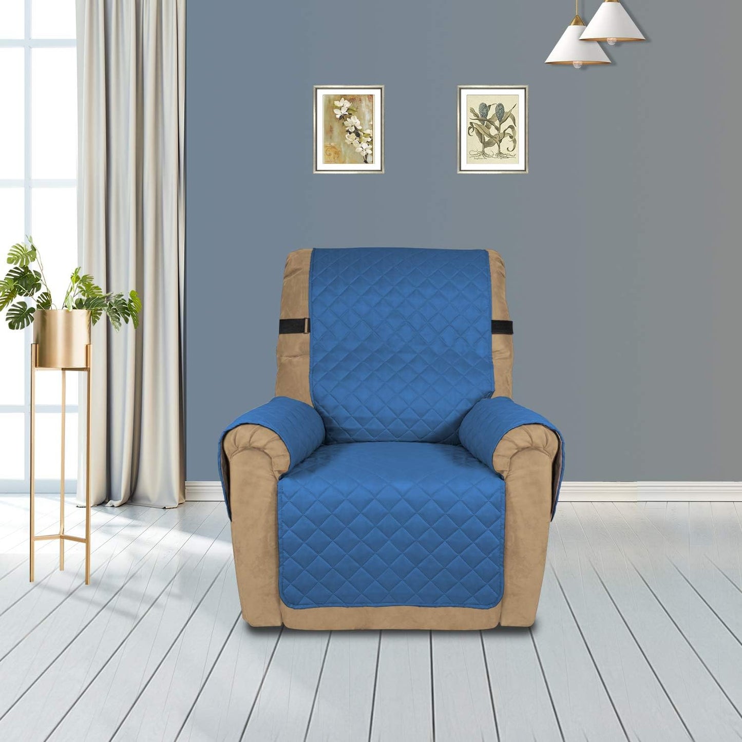 PureFit Reversible Sofa Cover Water Resistant Recliner Couch Cover, Machine Washable Furniture Cover with Adjustable Strap for Dogs, Pets (Recliner, Blue/Ivory)