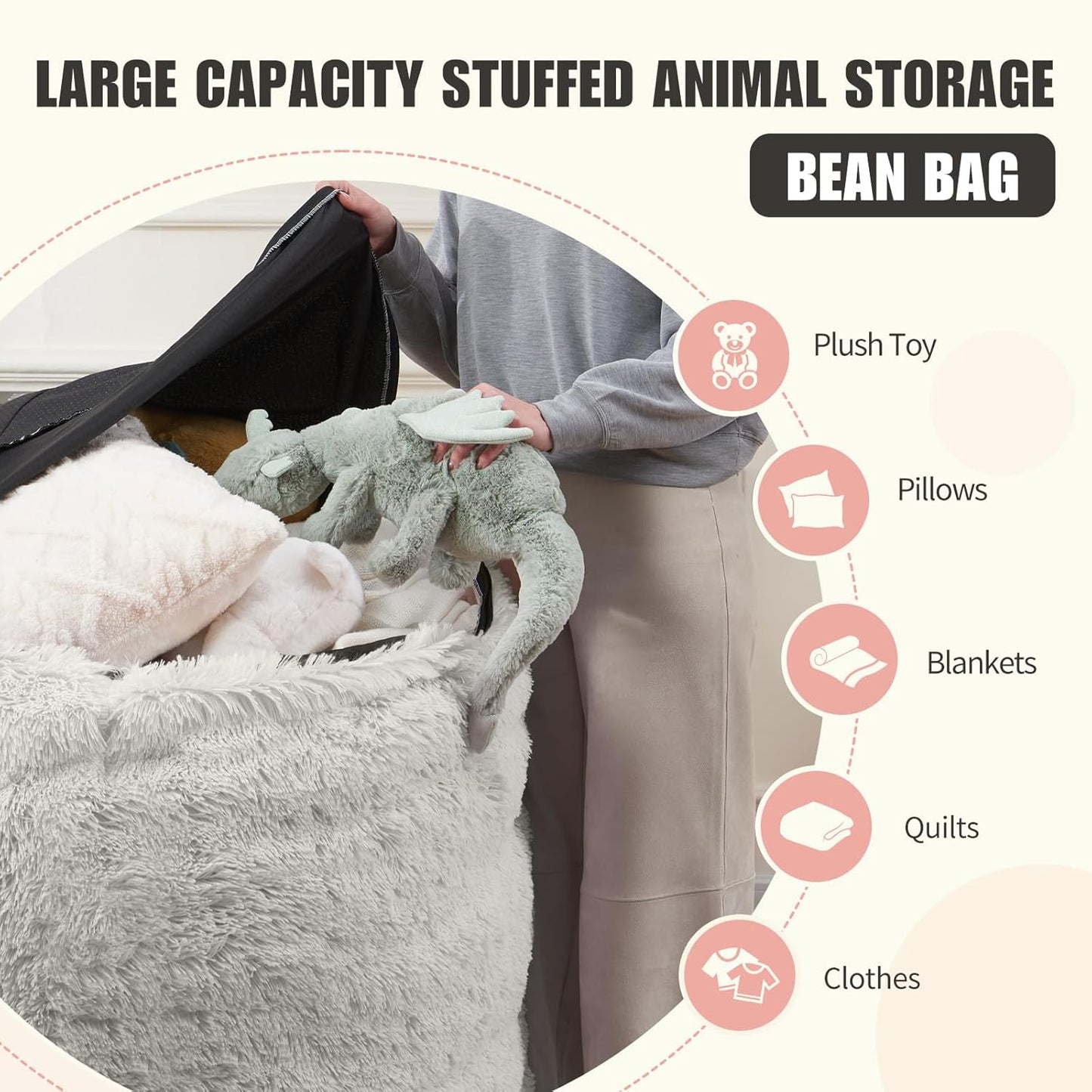 Bean Bag Chair Cover, Waterproof Faux Fur Bean Bag Cover Only(No Filler), 5FT Round Beanbag Cover with Pocket, Big Giant Bean Bags Covers for Adults Kids Teens, Stuffed Animal Storage