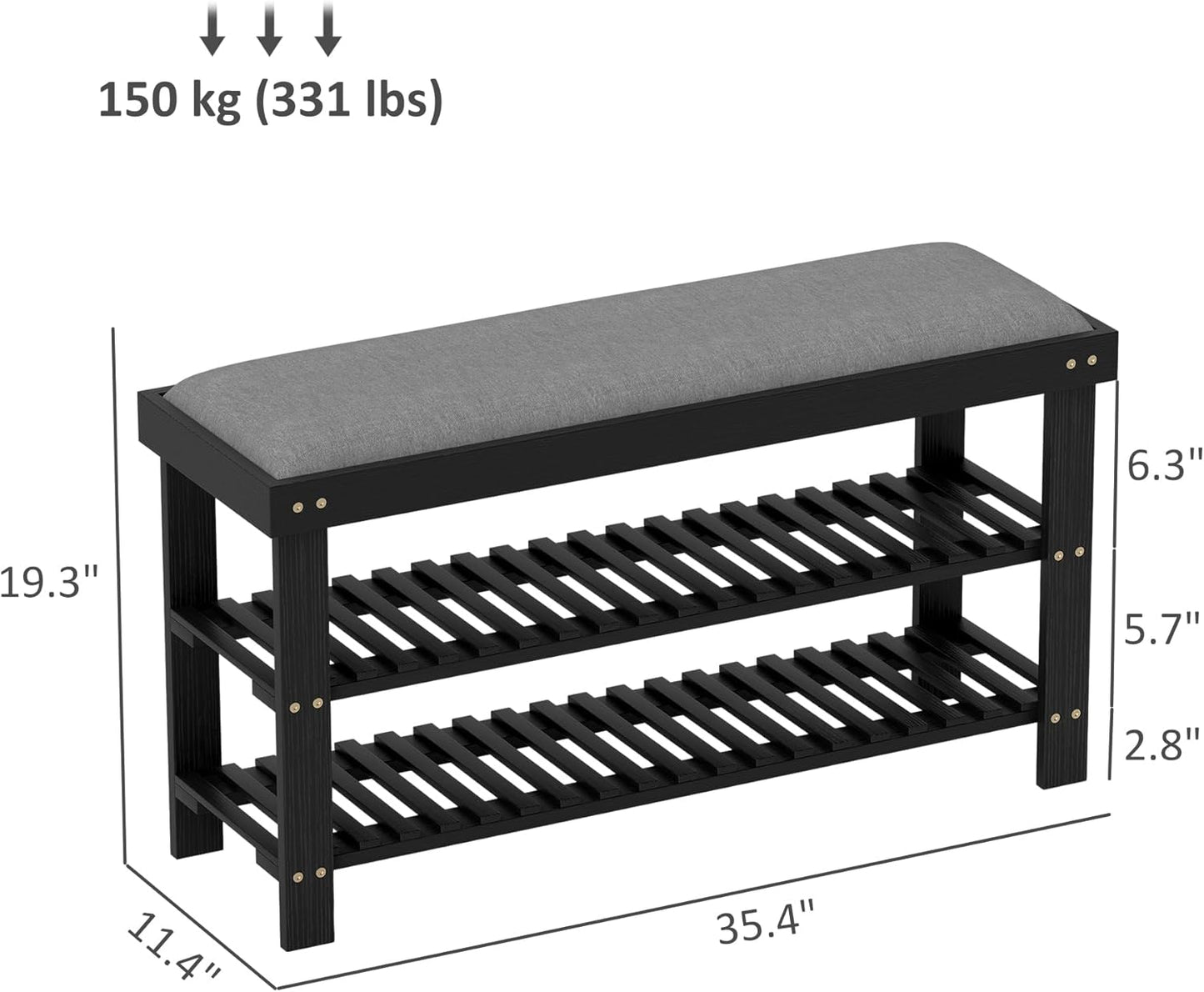 HOMCOM Bamboo Shoe Bench, 3-Tier Entryway Bench with Storage and Cushion, Shoe Organizer for Entryway, Hallway, Holds Up to 331 lbs, 35.4 x 11.4 x 19.3 Inches, Black
