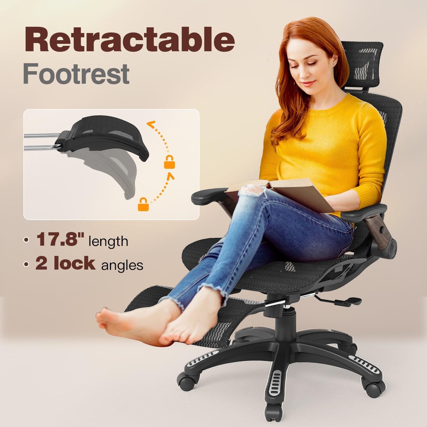 GABRYLLY Ergonomic Office Chair with Footrest, High Back Mesh Computer Chair with Flip-Up Arm, 3D Headrest, 135° Reclining, Rolling Gaming Task Chair with Wide Seat Lumbar Support,400LBS