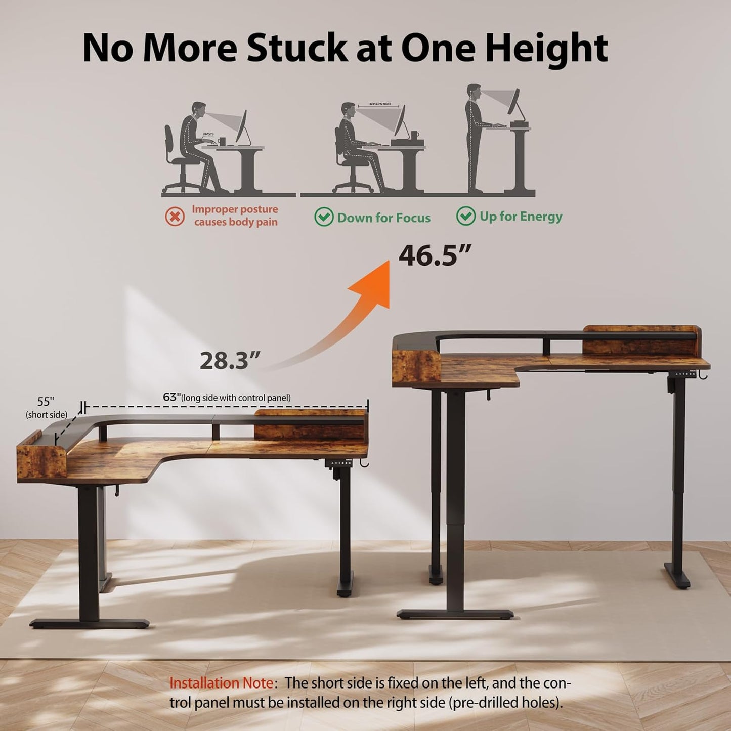 Agilestic L Shaped Standing Desk, Corner Desk with Monitor Shelf, Adjustable Height Gaming Table, Sit Stand Up Table, 63 x 55 Inch Home Office Computer Workstation, Splice Board, Rustic Brown