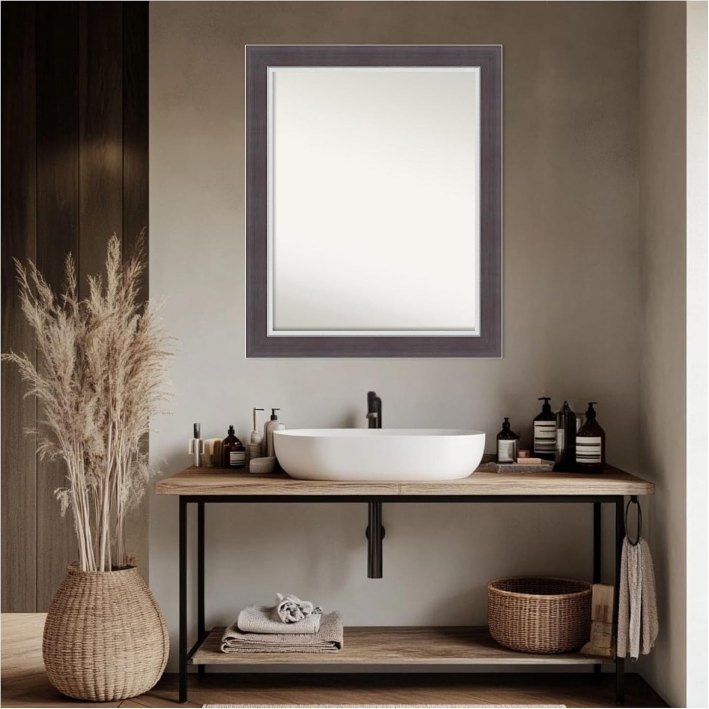 Amanti Art Brown Bathroom Mirror for Over Sink, 28x34 Ellie Brown Silver Rectangle Vanity Mirror, Large Modern Frame, Hangs Horizonally and Vertically, Bathroom Wall Decor, Non-Beveled Edge