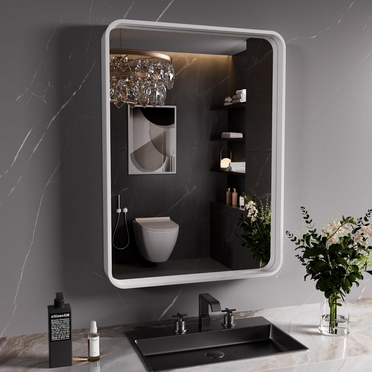 White Bathroom Mirror 24x32 Inch, White Metal Framed Bathroom Mirror for Wall, Rounded Rectangle Matte Bathroom Vanity Mirror, Tempered Glass, Anti-Rust, Horizontal/Vertical