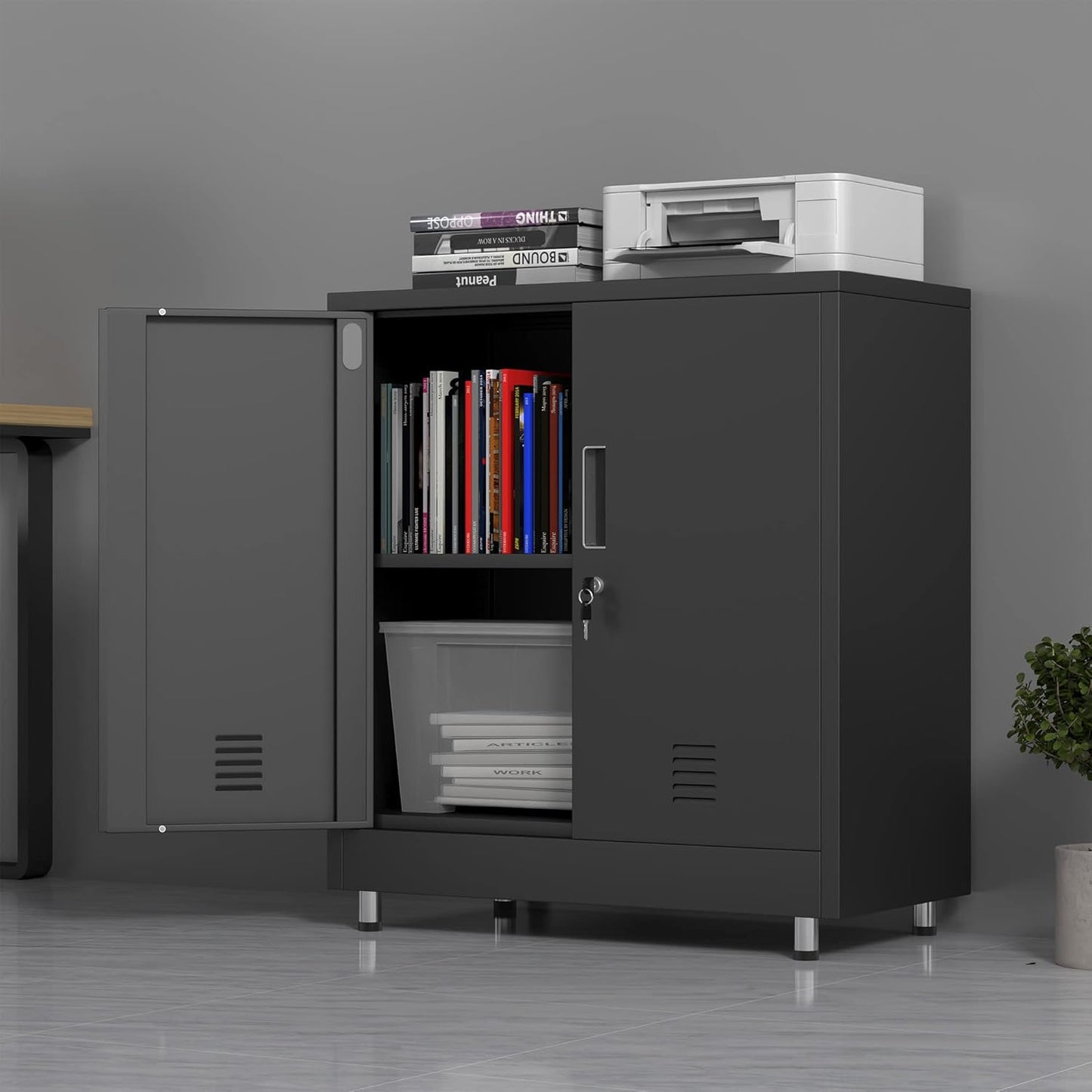 Metal Storage Cabinet with Locking Doors and Adjustable Shelf, Small Lockable Sideboard Buffet Cabinet for Home Office Hallway Entryway Living Dining Room (Black)