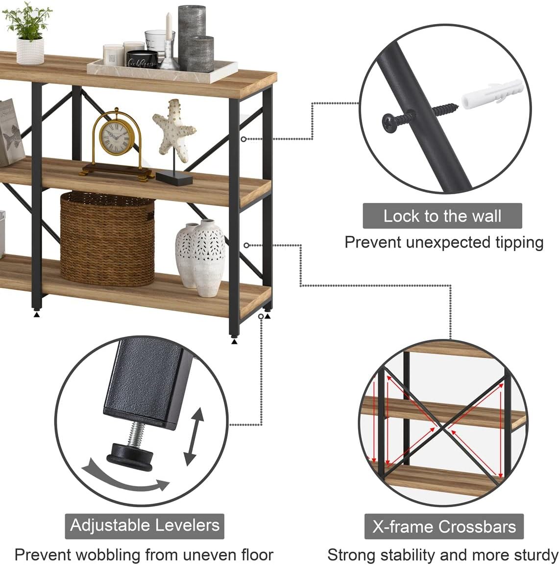 BON AUGURE Console Tables for Entryway, Industrial Sofa Table Behind Couch, 3 Tier Hallway Table for Foyer, Horizontal Bookshelf for Living Room (55 Inch, Vintage Oak)