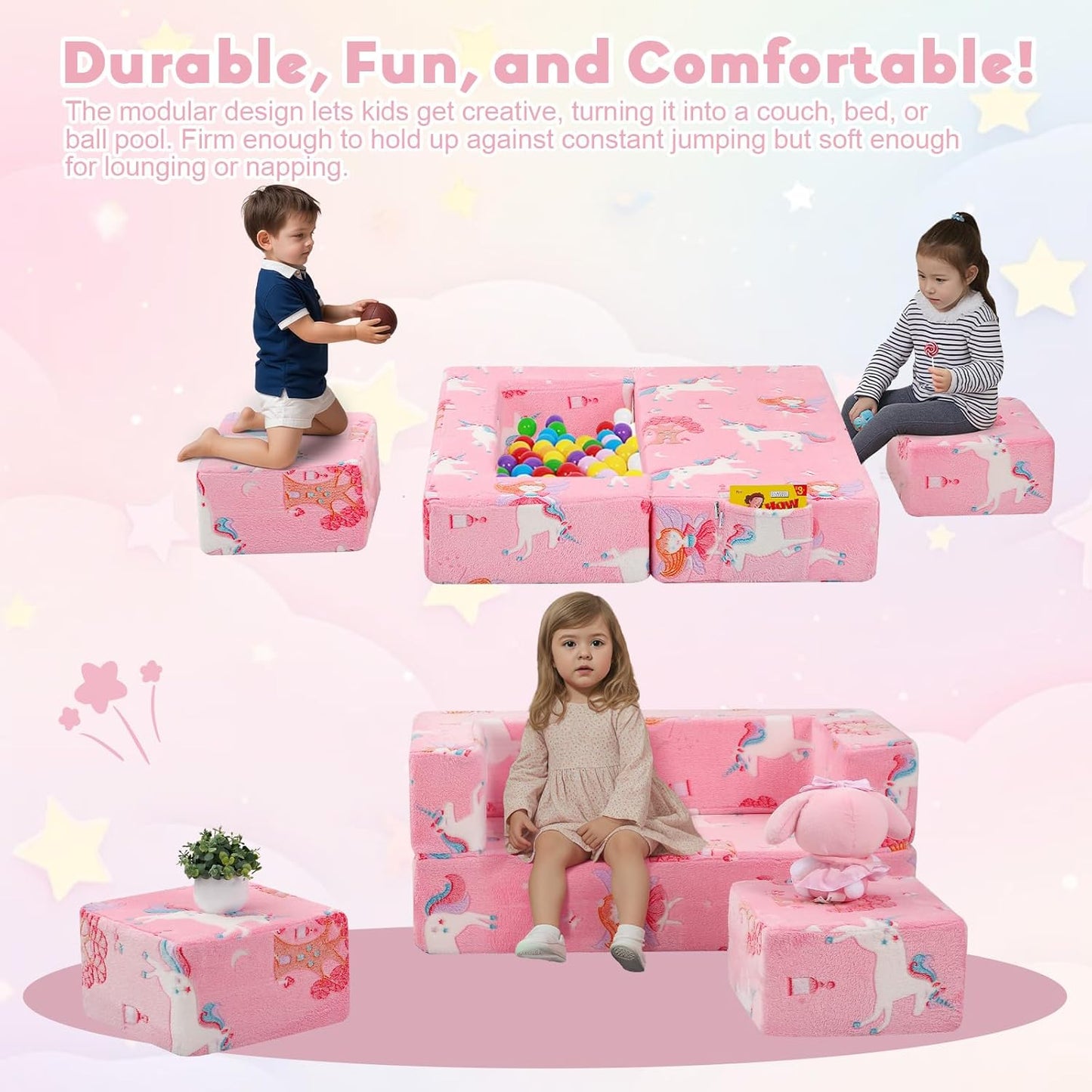MeMoreCool Modular Kids Couch, Glow Play Toddler Couch for Bedroom Playroom, Convertible Foam Kids Sofa Bed, Fold Out Baby Sofa for Girl Boy, Pink Fairy