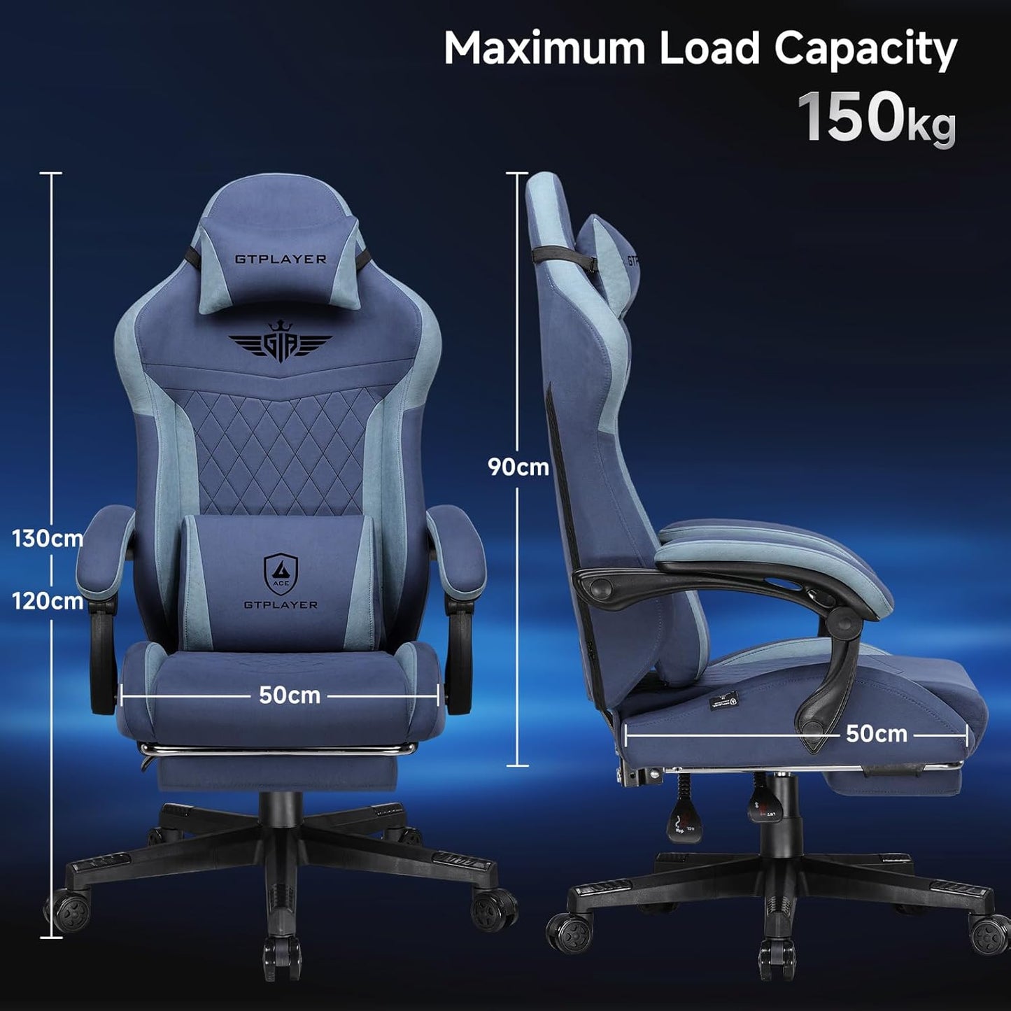 GTPLAYER Gaming Chair, Video Game Chairs with Footrest and Lumbar Support, Computer Chair for Adults with Extended Backrest, Ergonomic Reclining Silla Gamer, Fabric, Dark Blue