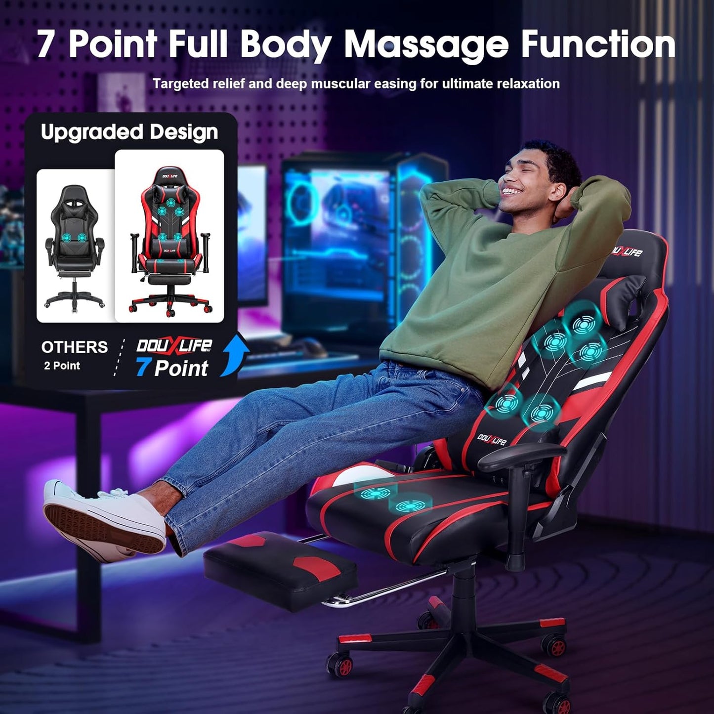 Massage Gaming Chair 7-Point, Office Chair with Footrest and Lumbar Support, Adjustable Seat Height Ergonomic, 175° Reclining Max, Red