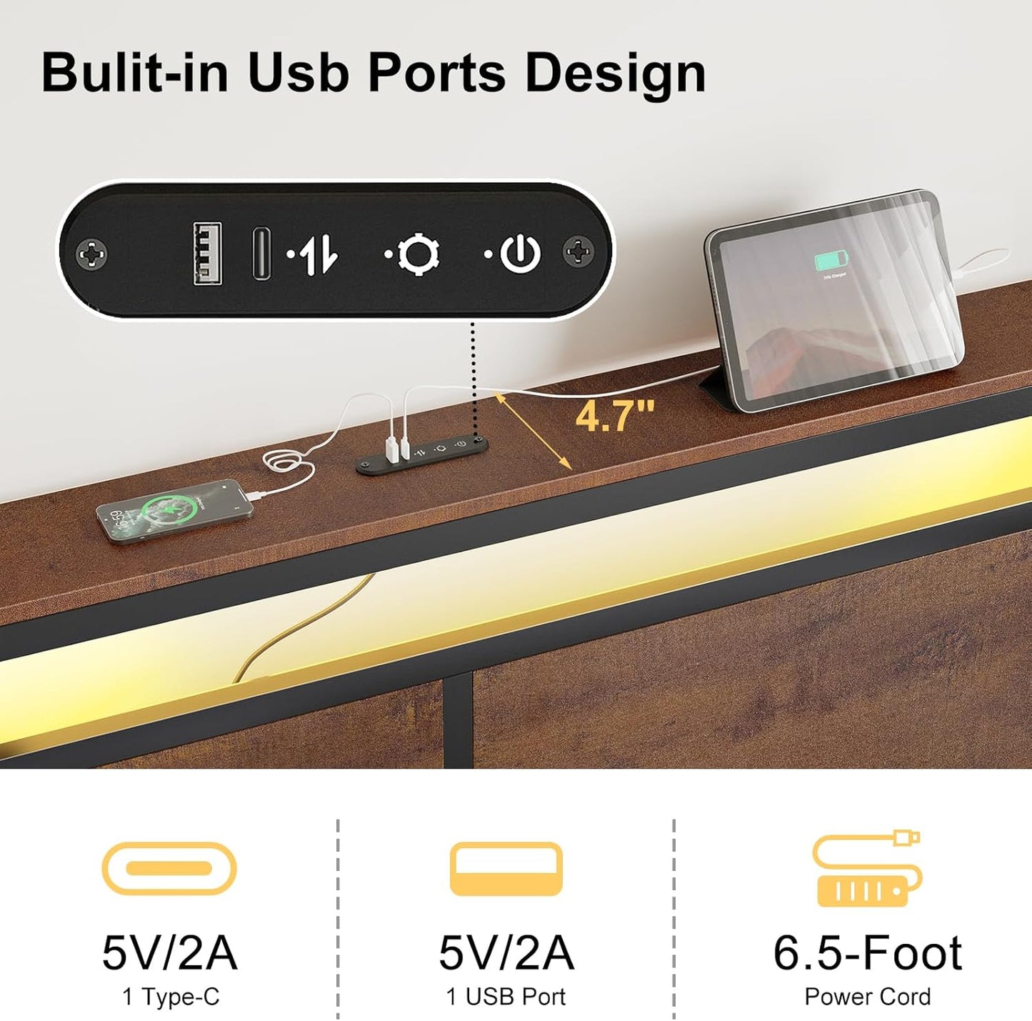 Queen Bed Frame with Storage Headboard and 4 Drawers Bed Frame Queen Size with Charging Station LED Lights Metal Platform Non-Slip Without Noise No Box Spring Needed