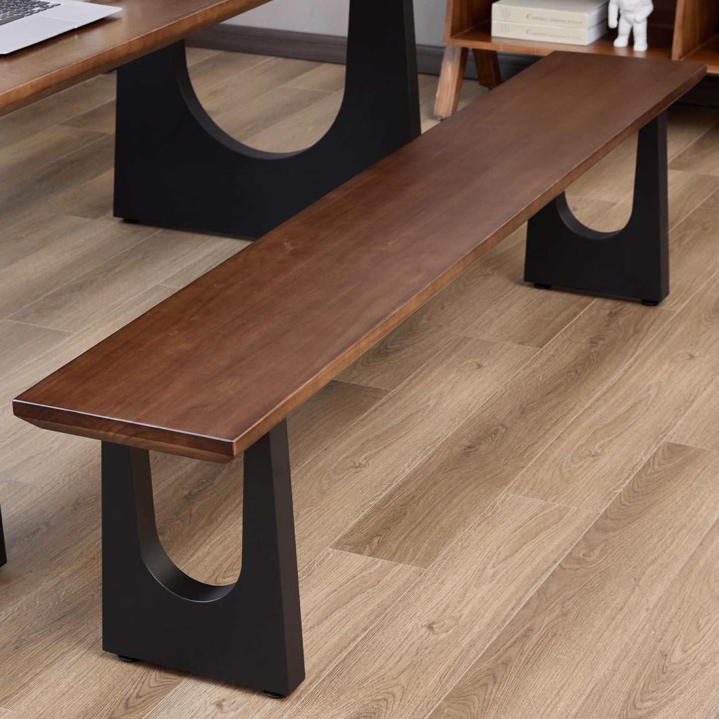 Walnut Color Long Bench Solid Wood Top Metal Legs U-Shaped Design Durable Sturdy Dining Bench Ideal for Office Home Restaurant Patio Multiple (Bench, 62.99in)