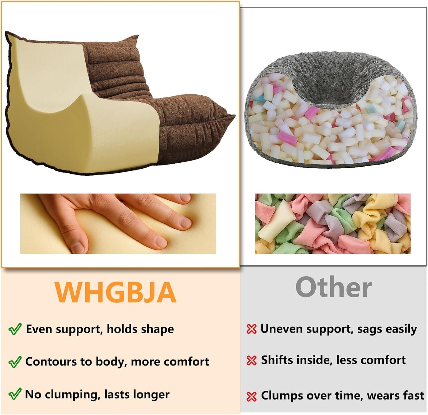 Bean Bag Chairs for Adults, BeanBag Reading Chair Memory Foam Couch 3-Seater, Floor Chair Soft Teddy Material, Comfy Reading Nook Chairs for Bedroom Living Room Office (Brown)