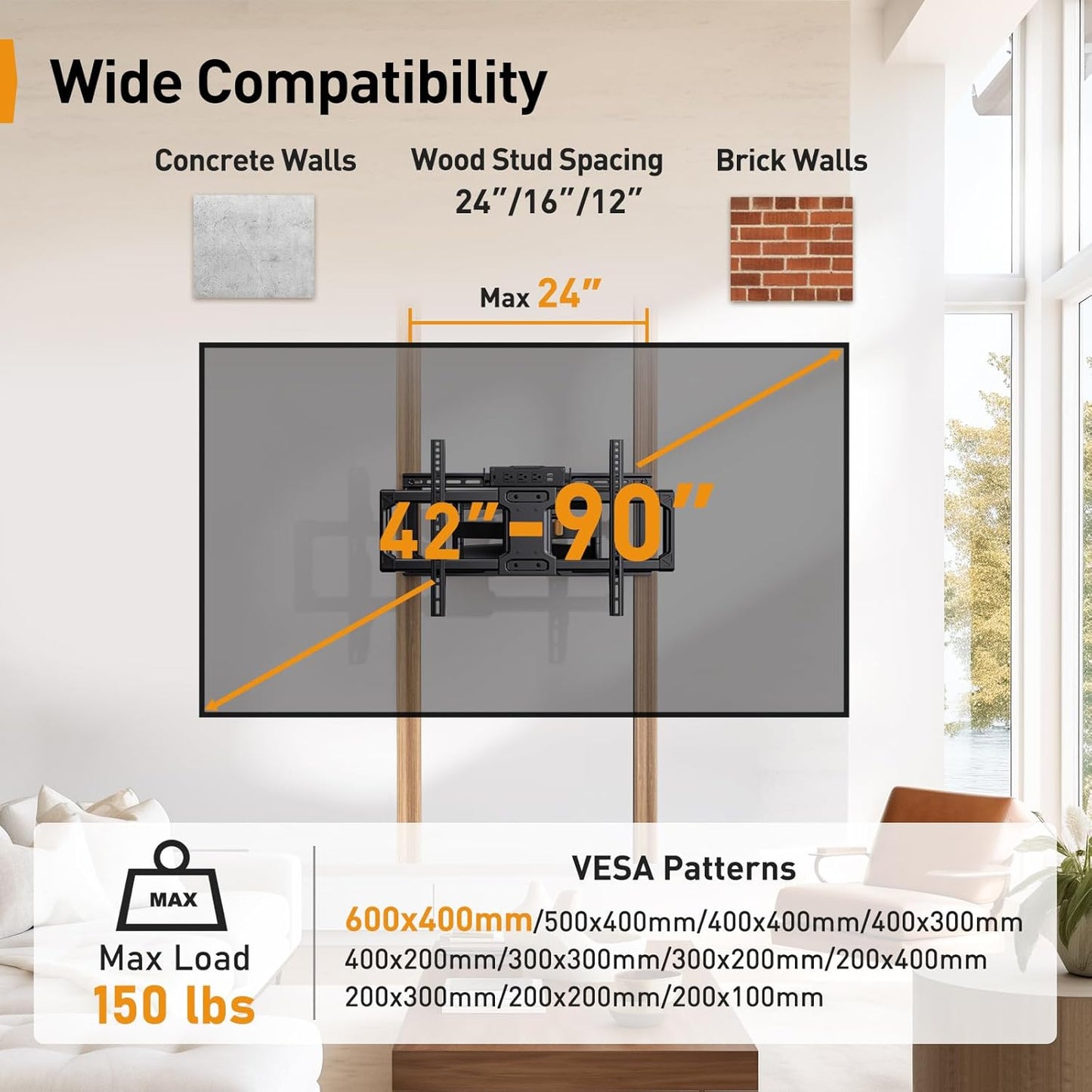 Perlegear Full Motion TV Wall Mount with Power Strip for 42–90 Inch TVs up to 150 lbs, Pre-Assembled TV Mount Has Smooth Swivel, Tilt, Extension, Max VESA 600x400mm, 12“/16”/24” Wood Studs, PGLF11