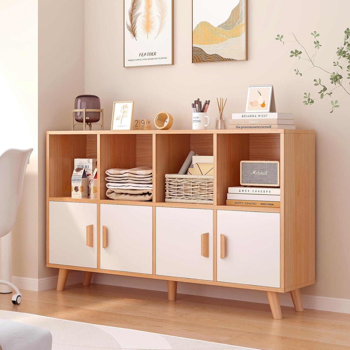 Cubby Shelf Bookcase with Doors - Wooden 8 Cube Floor Standing Open Bookshelf with Solid Wood Legs, 2-Tier Low Storage Cabinet, Oak and Warm White