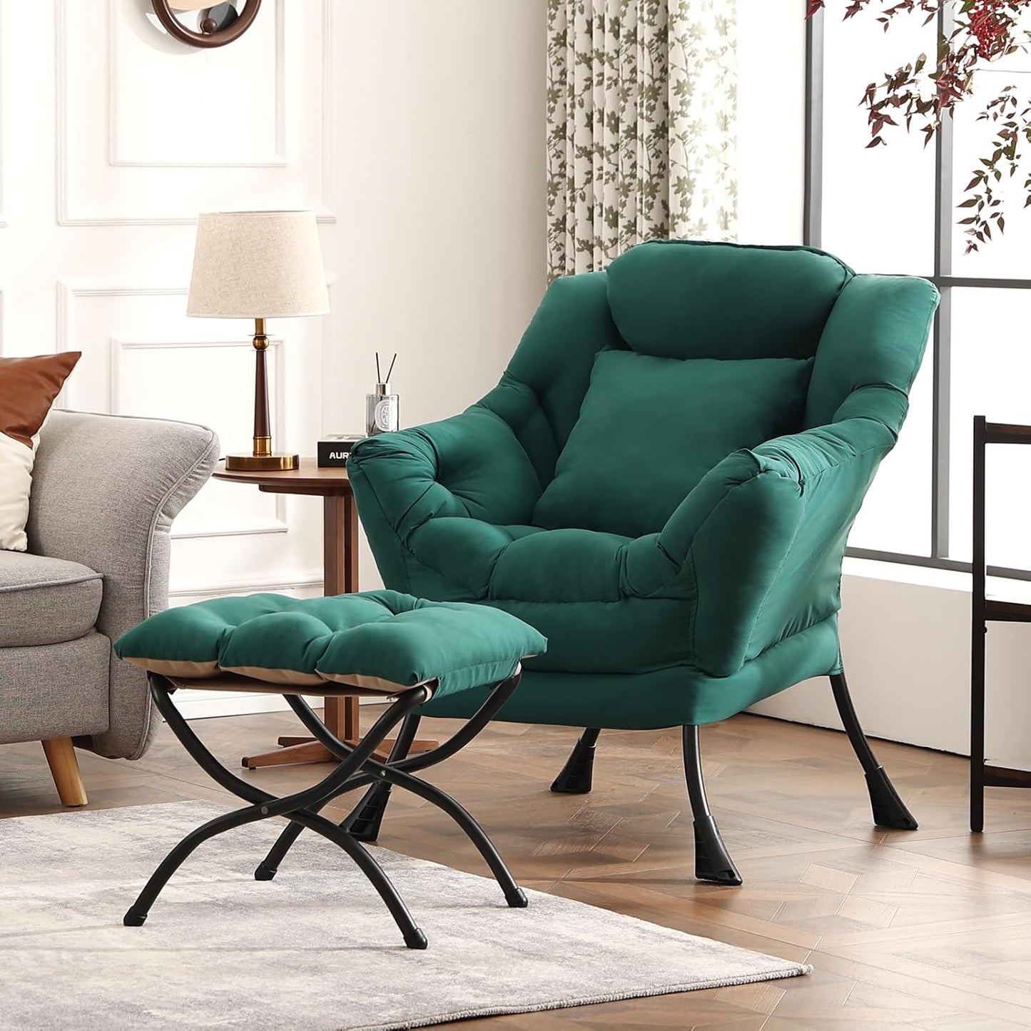Lazy Chair with Ottoman, Modern Lounge Armchair with a Pillow, Leisure Sofa Armchair Set, Reading Chair with Footrest for Living Room, Bedroom, Office, Dorm Room, Peach Green