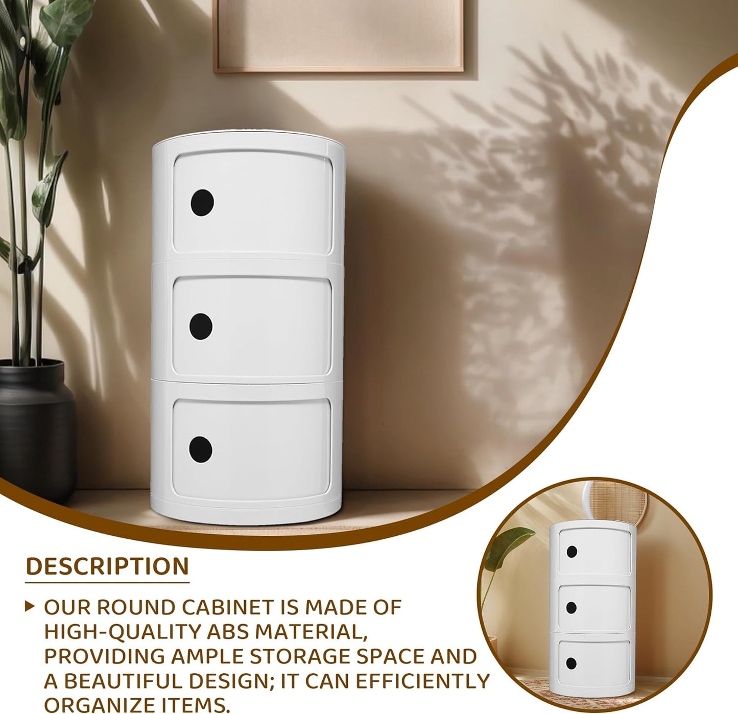 3 Tier Round with Storage, Modern Style Side Table, Multifunctional End Table Storage Cabinet for Living Room, Bedroom, Bathroom (White)