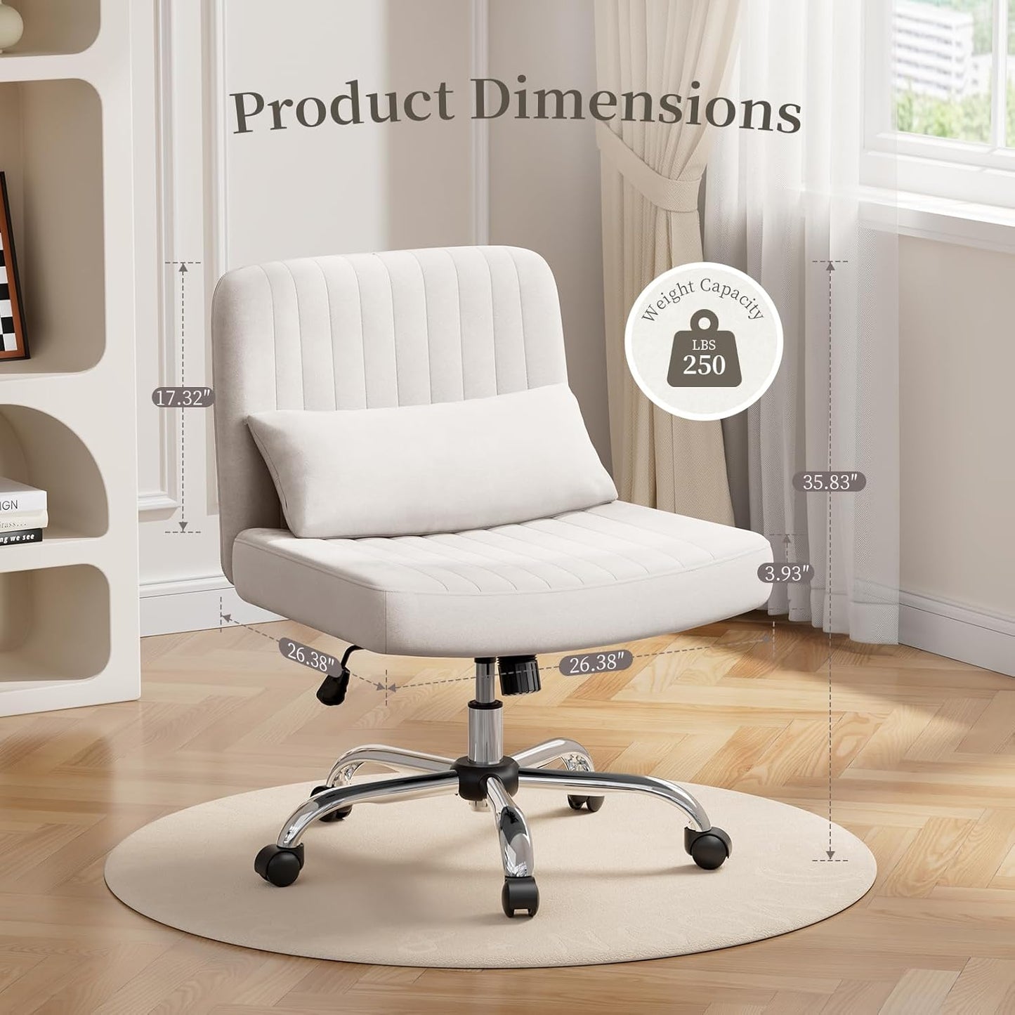 Warmiehomy Criss Cross Office Chair with Wheels, Velvet Cross-Legged Desk Chairs for Home, Height Adjustable Swivel Wide Seat Computer Chair, Modern Armless Vanity Chair for Girls Women, White