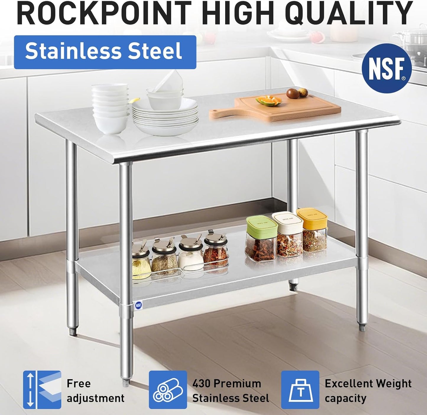 ROCKPOINT Stainless Steel Table for Prep & Work 30x36 Inches, NSF Metal Commercial Kitchen Heavy Duty Table with Adjustable Under Shelf and Table Foot for Restaurant, Home and Hotel