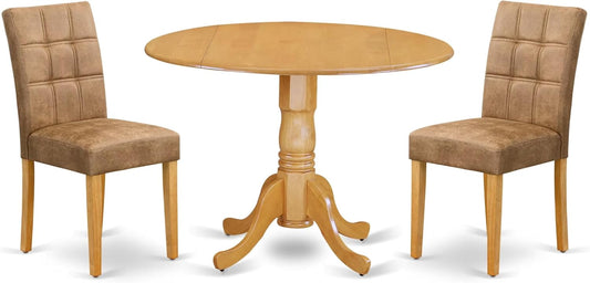 East West Furniture DLAS3-OAK-28 3 Piece Dining Table Set Includes A Wooden Table and 2 Brown Textured Polyester Fabric Mid Century Modern Chairs, Oak