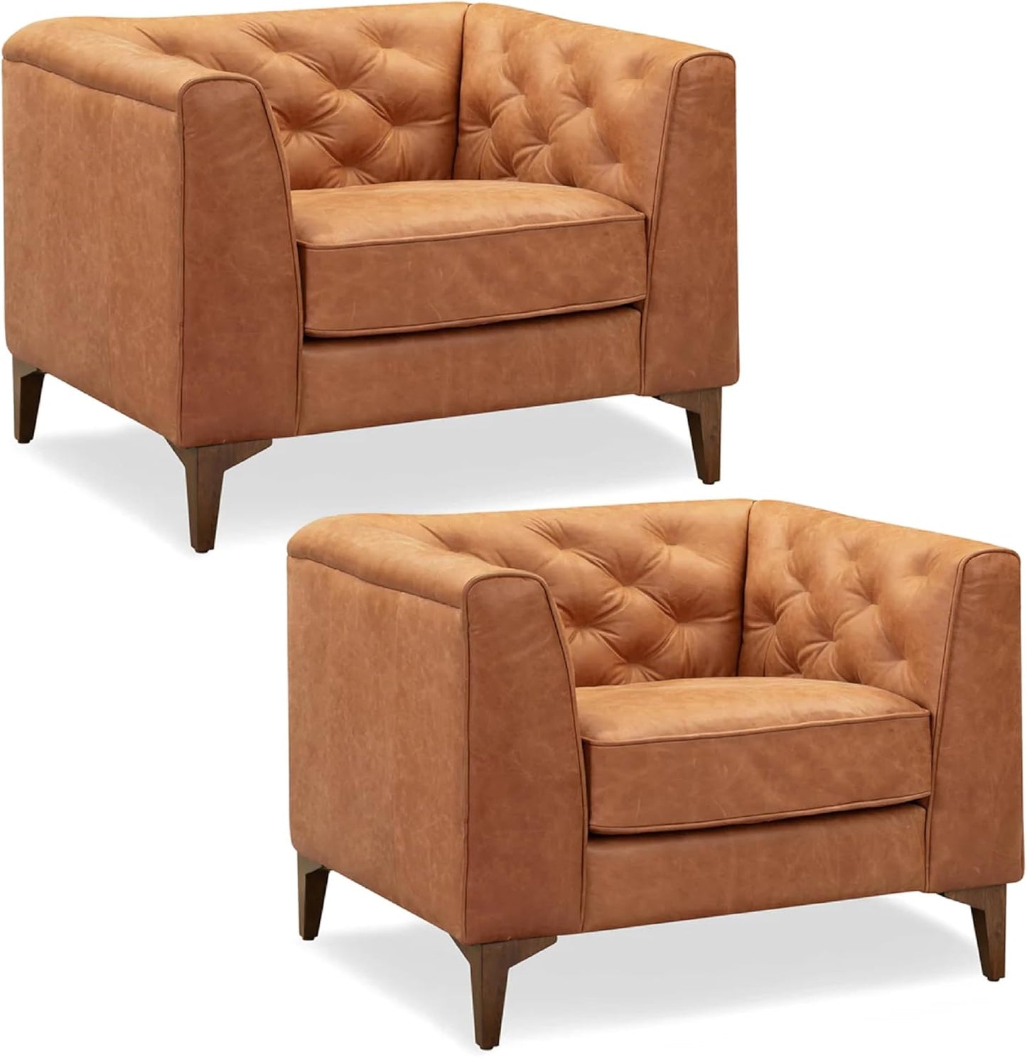 Poly & Bark Essex Lounge Chair - Leather Chair with Tufted Back - Full-Grain Living Room Armchair with Feather-Down Topper - Vintage Italian Leather in Cognac Tan - Set of 2