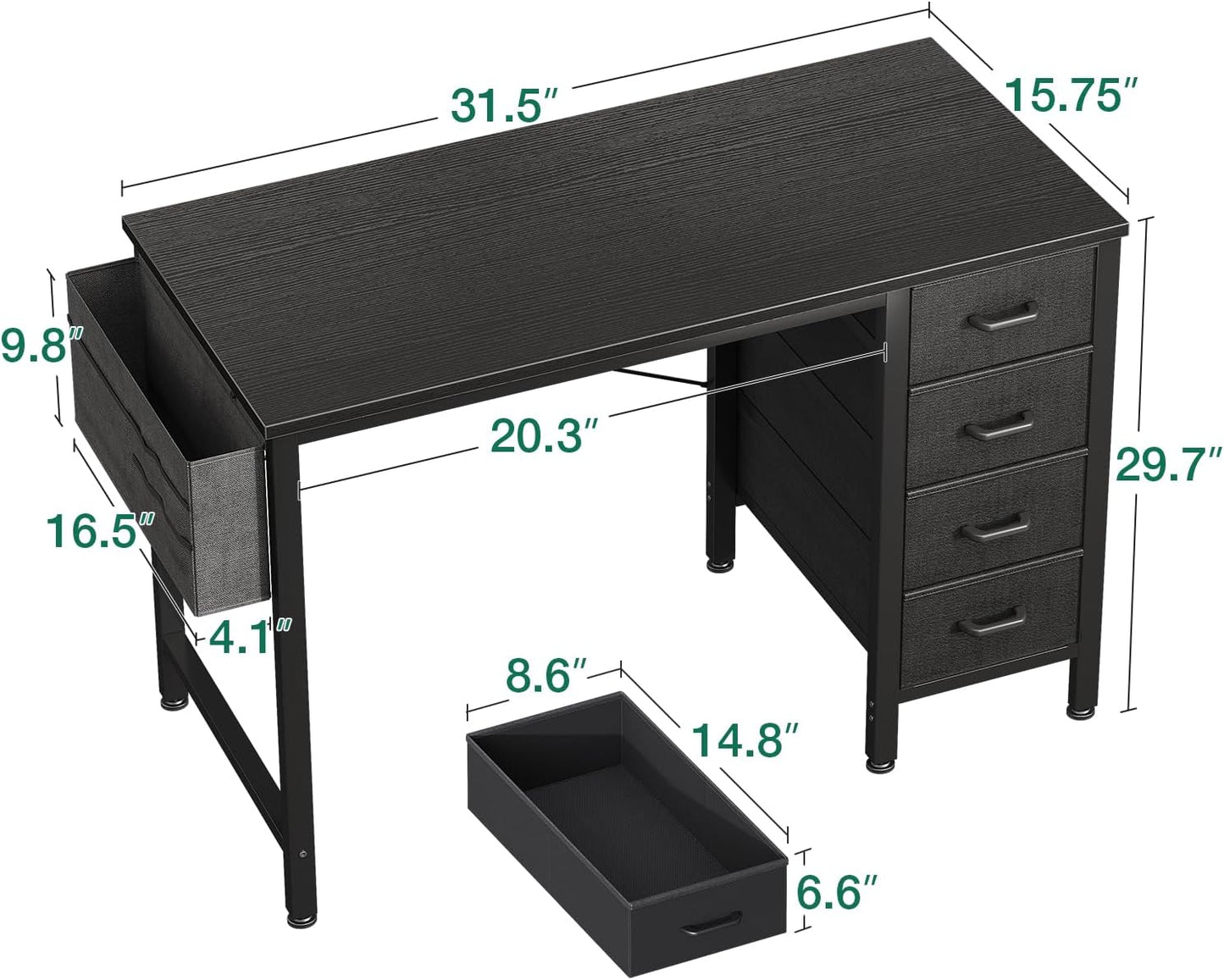 Casaottima 32-Inch Small Computer Desk with 4 Fabric Drawers — Home Office Desks with Storage, Writing Desk with Side Hook and Cloth Bag, Modern Study/Work Table for Bedroom and Small Space, Black