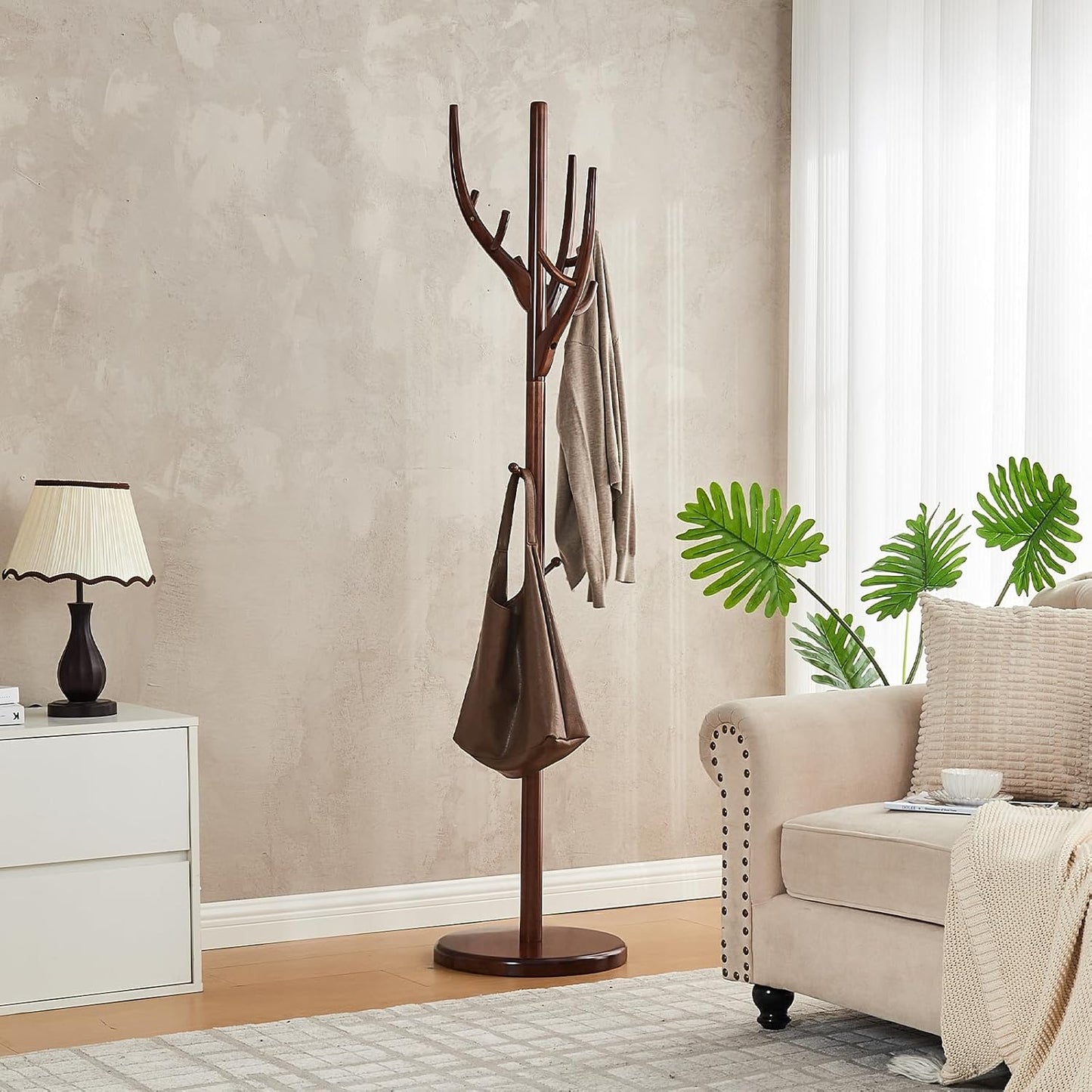 Uniclinens Coat Rack Freestanding Solid Wood Coat Tree Standing with 12 Hooks, Coat Rack Stand Creative Tree Branch-look (Walnut)