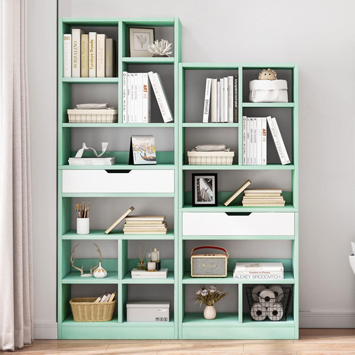 IOTXY Wooden Open Shelf Bookcase - 71 Inches Tall Freestanding Display Storage Cabinet Organizer with 10 Cubes and a Drawer, Floor Standing Bookshelf in Tiffany-Green