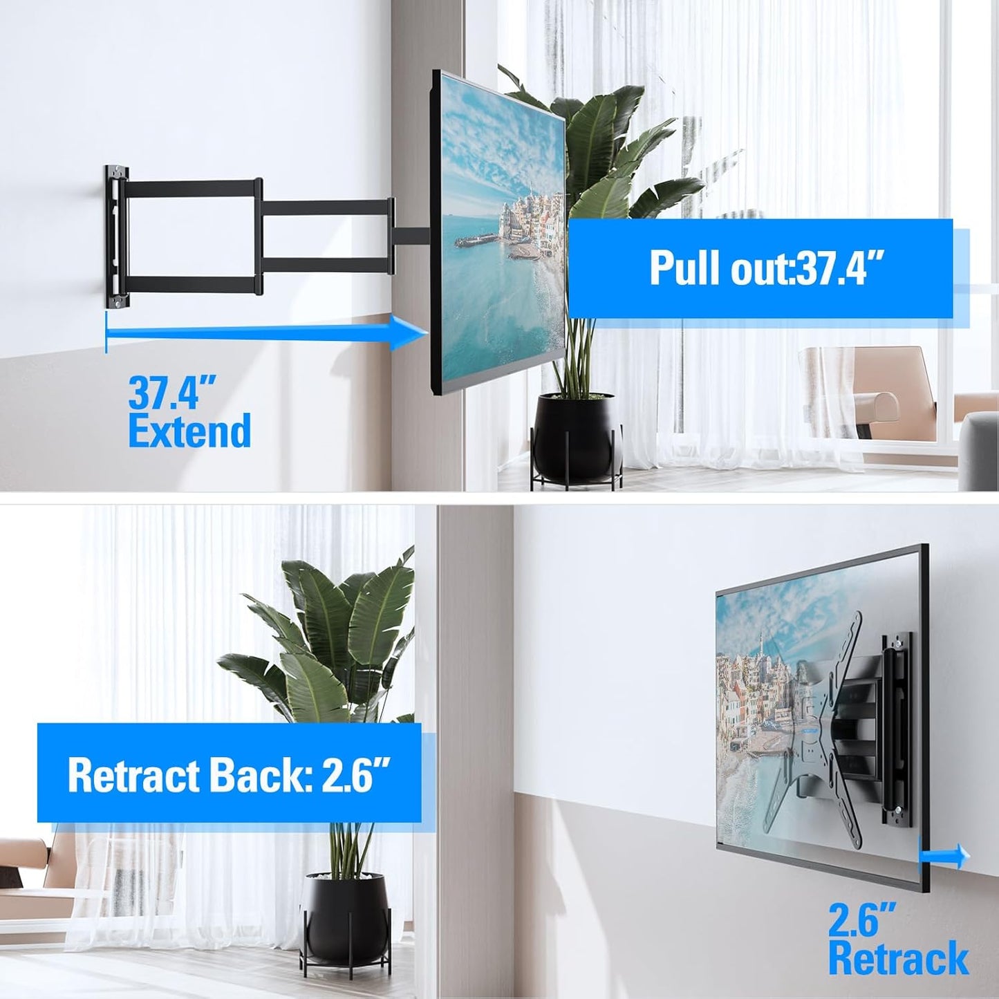 MOUNTUP Long Arm TV Wall Mount for Most 26-65 Inch TVs, Corner TV Mounts with 37.4 Inch Extension Arm, Smooth Swivel Tilt Single Stud Full Motion Bracket Max VESA 400x400mm, Holds to 77 lbs, MU0047