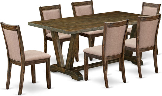 East West Furniture V777MZ716-7 7 Piece Dinette Set Consist of a Rectangle Dining Table with V-Legs and 6 Dark Khaki Linen Fabric Parson Dining Room Chairs, 40x72 Inch, Multi-Color