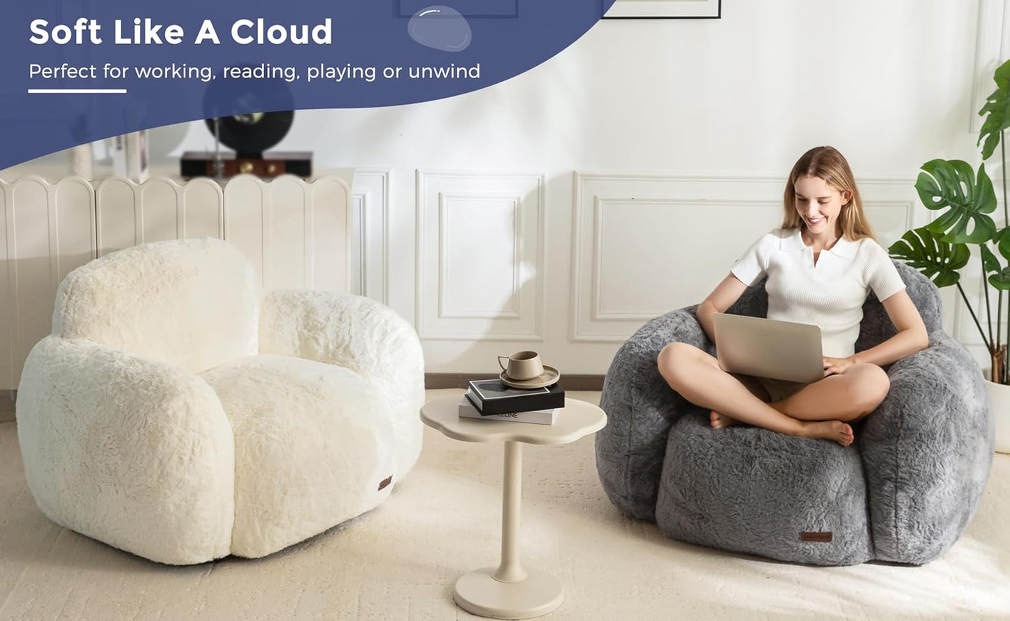 MAXYOYO Bean Bag Chair, Comfy Pebble Shaped Single Bean Bag Sofa for Adults, Stuffed Floor Sofa with Supportive Backrest & Armrests, Modern Faux Fur Accent Chair for Living Room & Bedroom, Grey